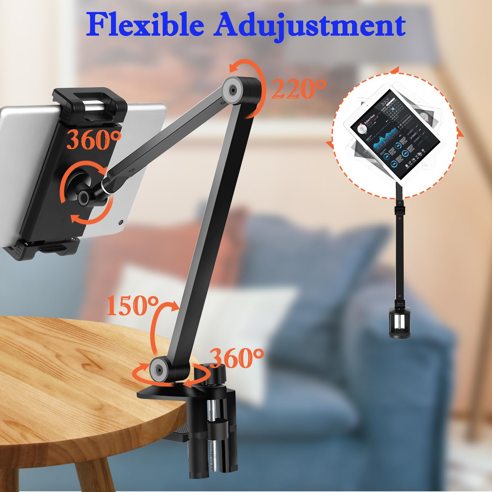 Nuezoo Ipad Stand Holder Mount, Aluminum Long Arm Tablet Clamp Mount For Desk, 360 Swivel Phone Holder For Bed, Compatible With