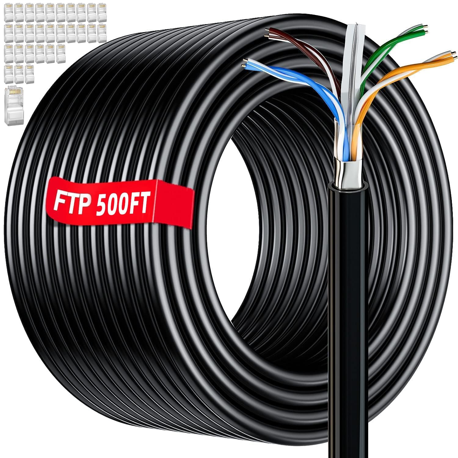 Cat 6 Ethernet Cable 500Ft Outdoor, Cat 6 Shielded Cable Bulk 23Awg, Heavy Duty Direct Burial Internet Network Cable, Cat6 Rj45