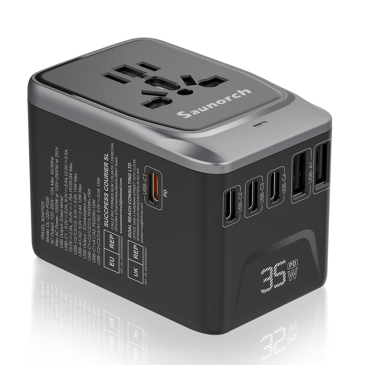 Saunorch Universal Travel Adapter, Pd 35W 7 In 1 International Power Plug Adapter With 7.0A 4 Usb C And 2 Usb A Fast Wall Charge
