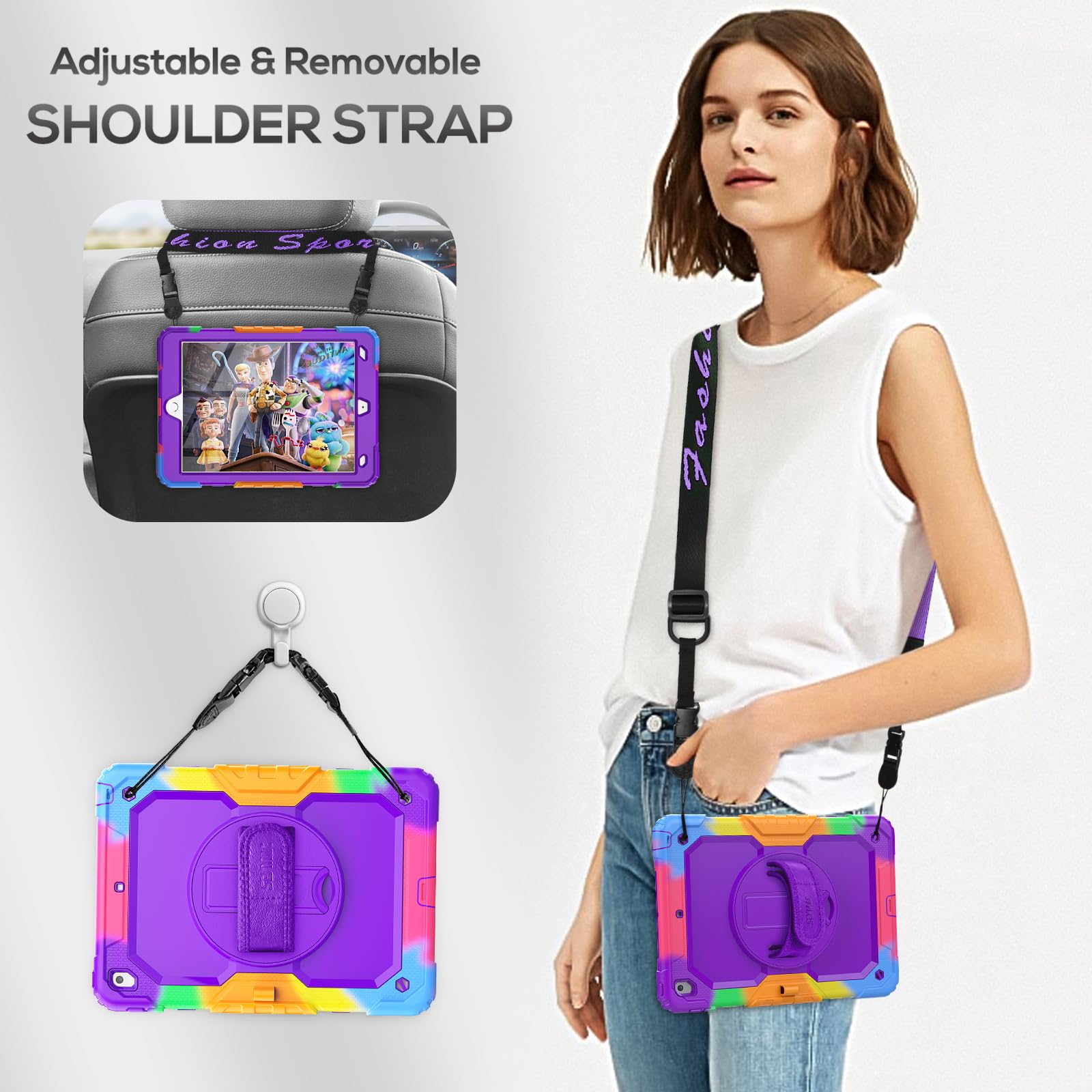 SEYMAC iPad Case for 10.2" 9th/8th/7th Gen, Shockproof, Rotatable Hand Strap, Shoulder Strap, Colorful Purple, Polycarbonate