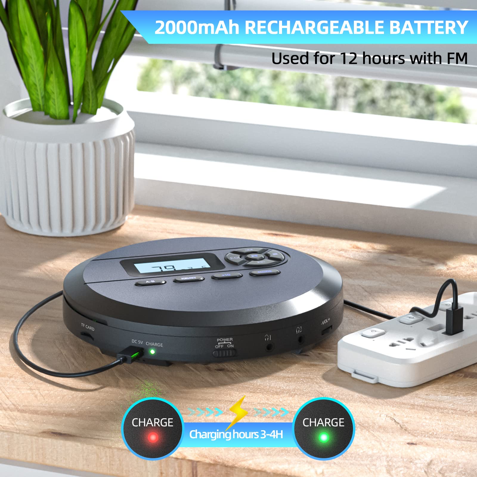 Cd Player Portable, Desobry Portable Cd Player With Speakers & Fm Transmitter, Compact Cd Player For Car Built In 2000Mah Rechar