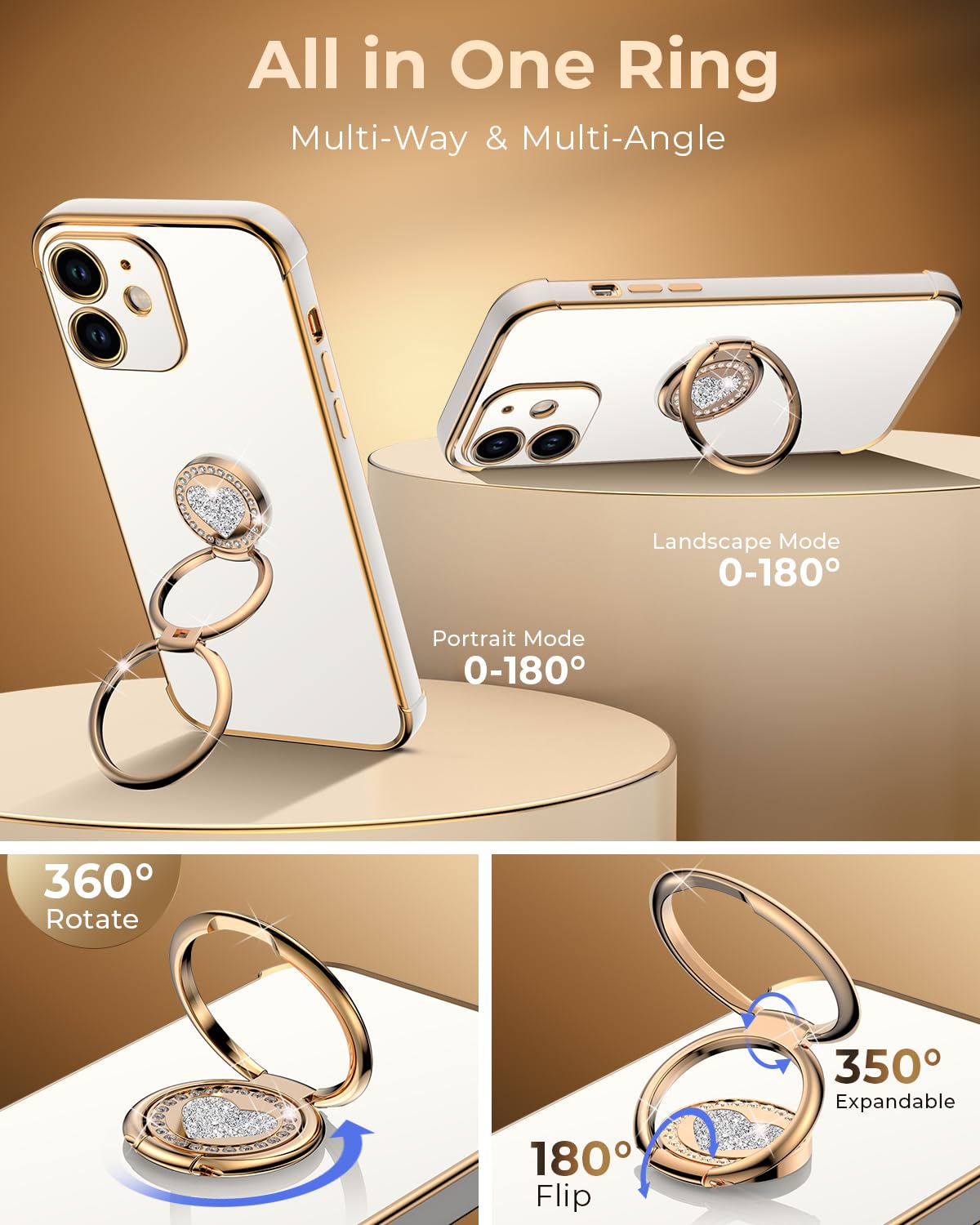 Xyz For Iphone 12 Mini Case With Stand, Phone Case With Double Ring Kickstand, Women Girls Bling Luxury Protective Case Heart Fo