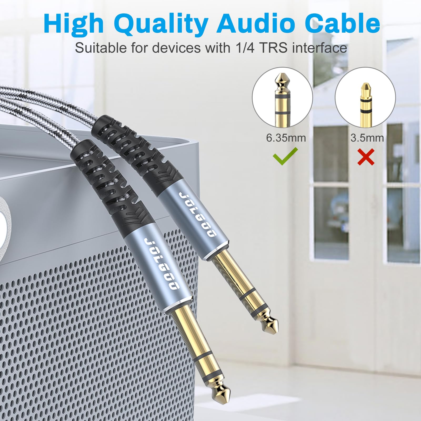 Jolgoo 1/4 Inch Trs Instrument Cable 15 Ft 2 Pack, Quarter Inch Audio Cable, 6.35 Balanced Interconnect Line For Electric Guitar