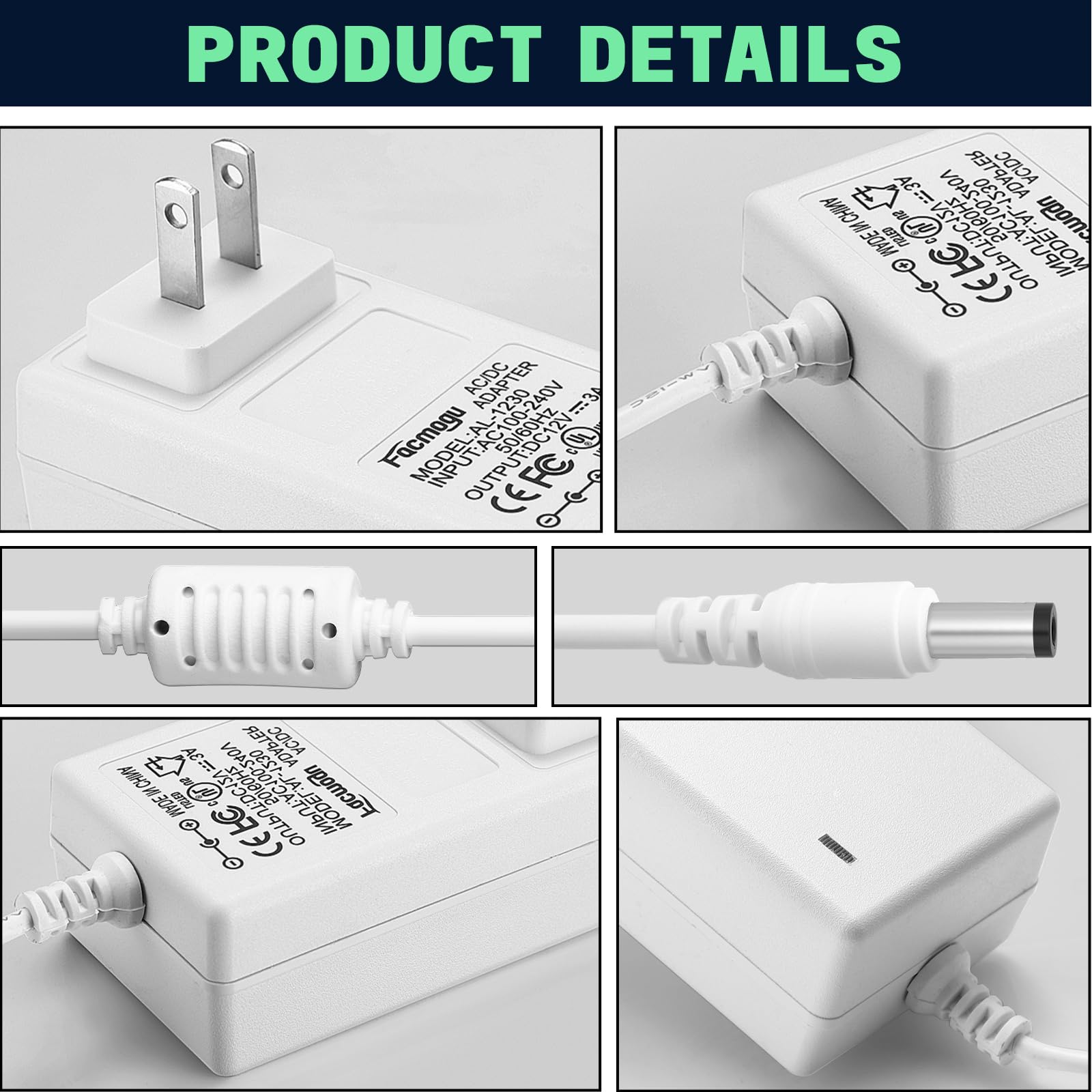 Facmogu 12V 3A Power Supply Adapter, Ac 100 240V To Dc 12 Volt Wall Plug Transformers, 36W Power Supply Adaptor With Ac To Dc Ba