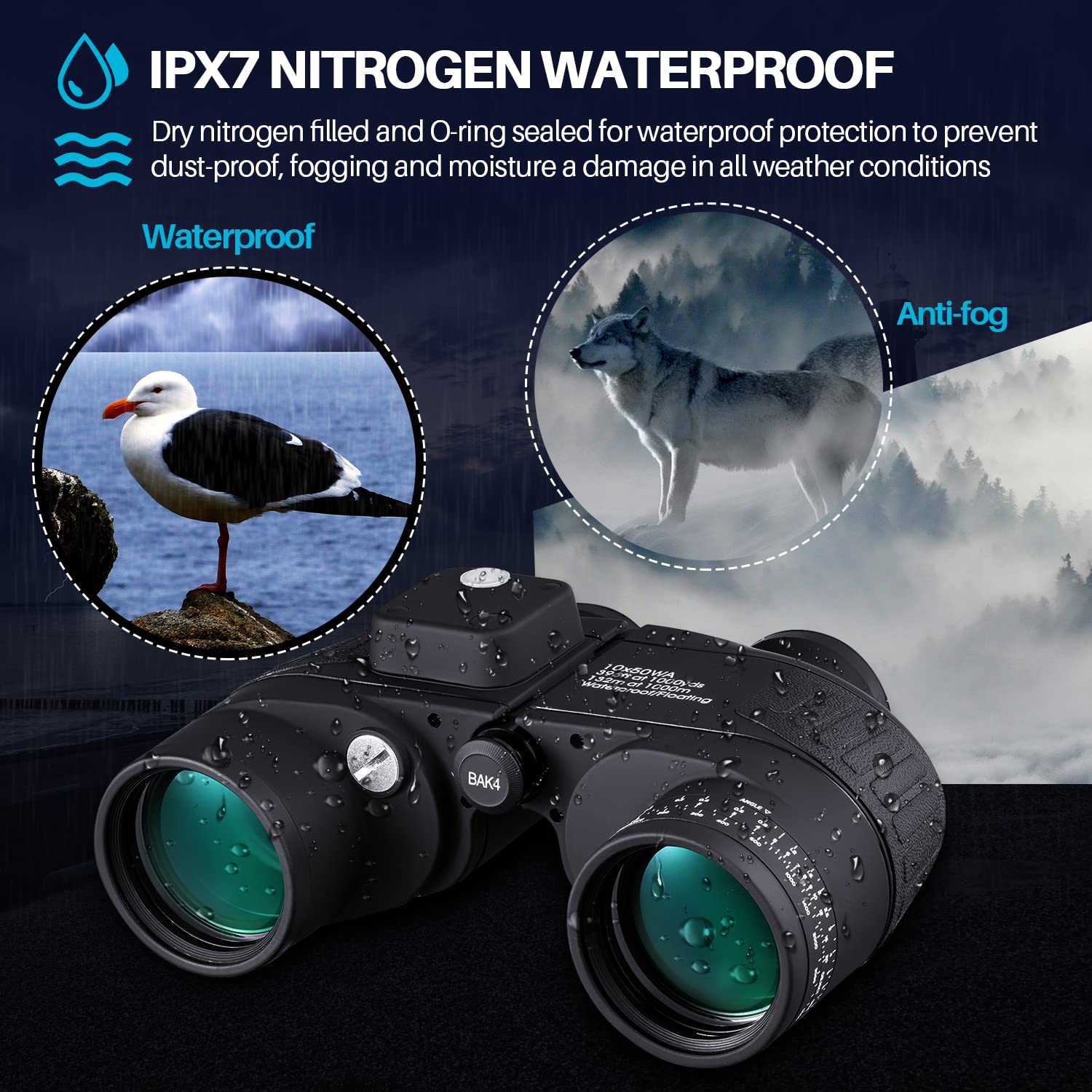 10X50 Marine Binoculars With Rangefinder For Adults   Ipx7 Waterproof Bak4 Prism Fmc Lens Binoculars With Compass And Shoulder H
