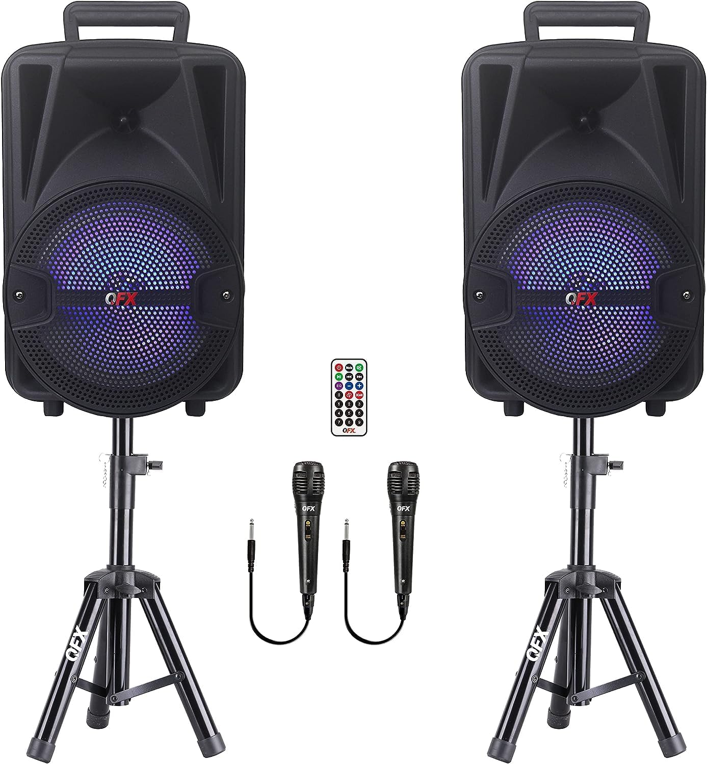 Qfx Pbx 800Tws 8 Inch Tws Bluetooth Stereo Pa System With 2 8' Speakers, 2 Microphones, 2 Stands, And A Remote Control