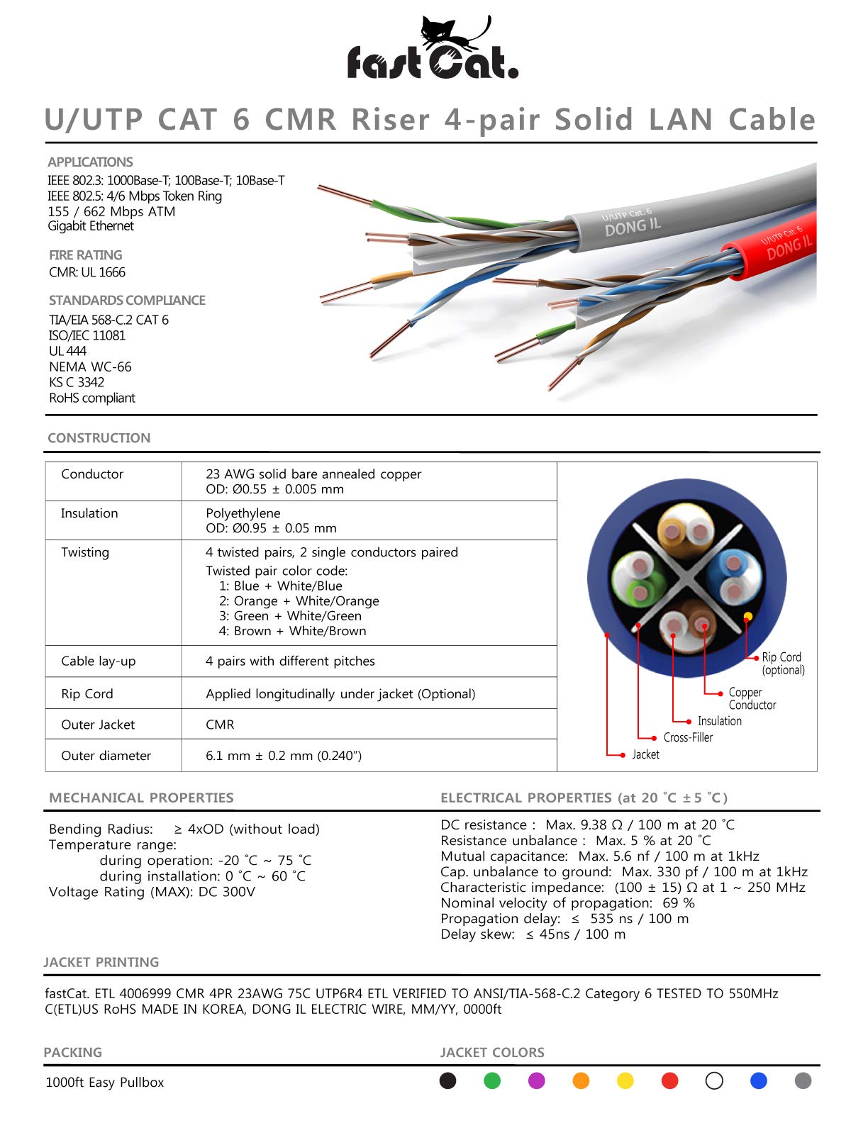 Fast Cat. Cat6 Ethernet Cable 1000Ft   23 Awg, Cmr, Insulated Solid Bare Copper Wire Internet Cable With Noise Reducing Cross Separator   550Mhz / 10 Gigabit Speed Utp Lan Cable 1000 Ft   Cmr (Yellow)