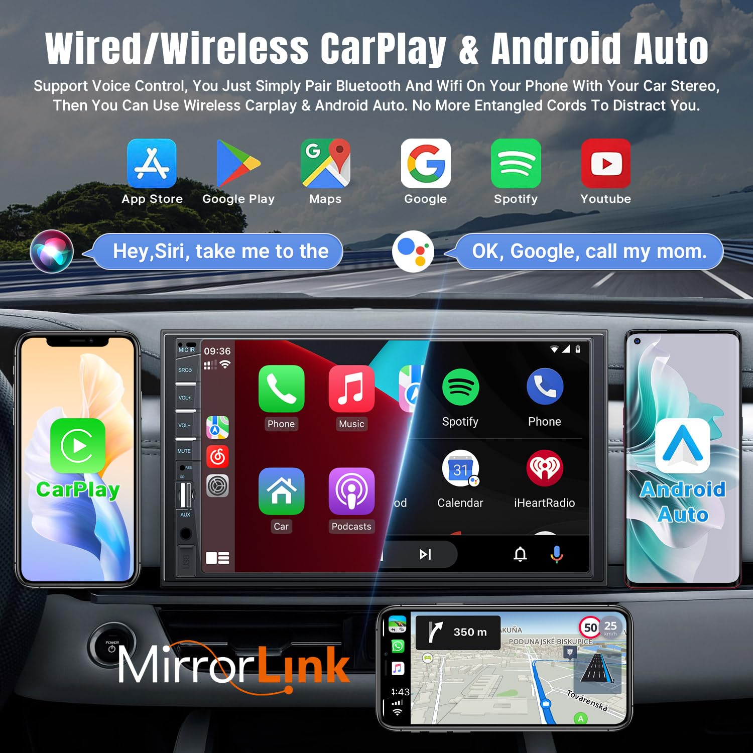 Naifay Double Din Car Stereo With Wireless Apple Carplay Android Auto, 7Inch Touchscreen Car Radio With Bluetooth, Car Audio Rec