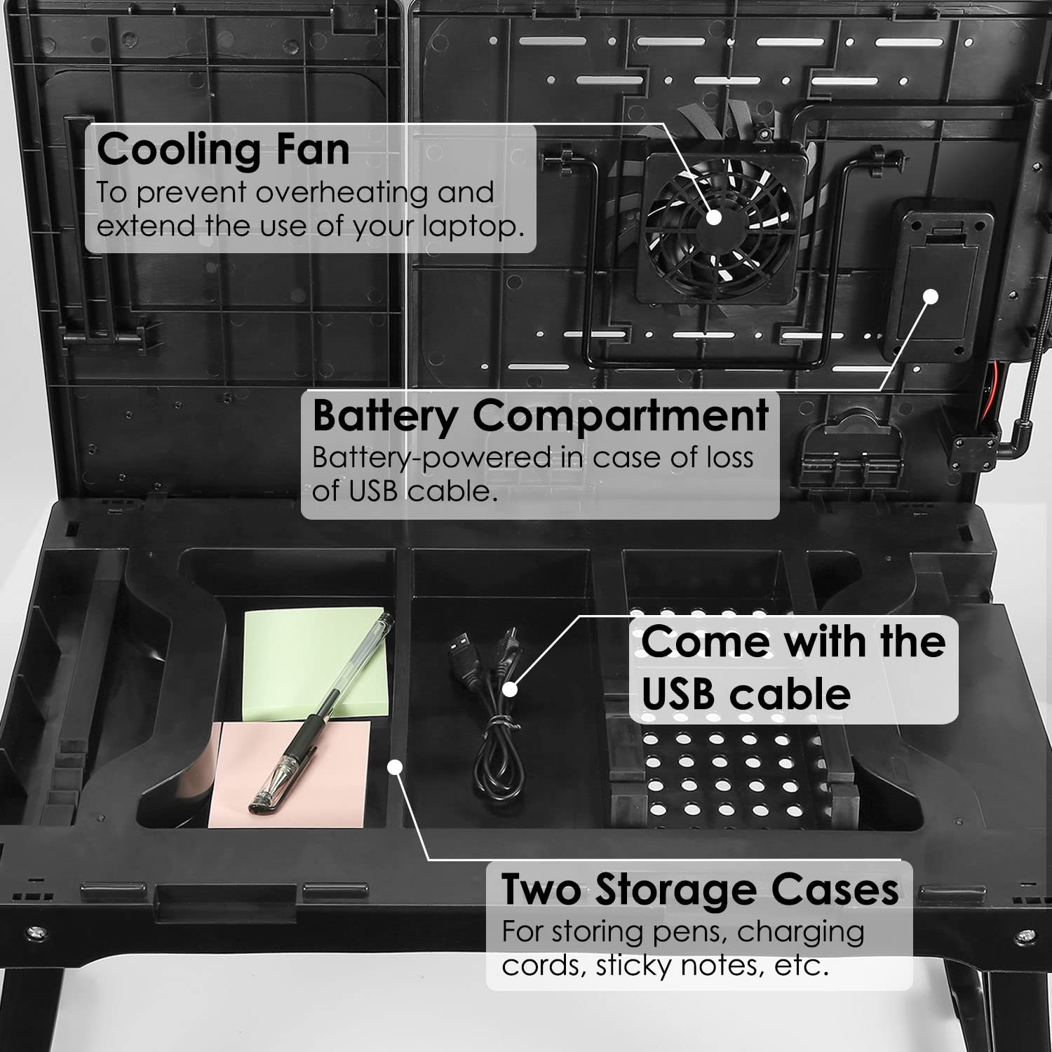 Laptop Table Stand For Bed, Adjustable Laptop Desk For Bed, Portable Desktop Lap Desk With Cooling Fan And 4 Usb Port, Foldable Computer Lap Desk For Bed Sofa Couch Floor(Black)