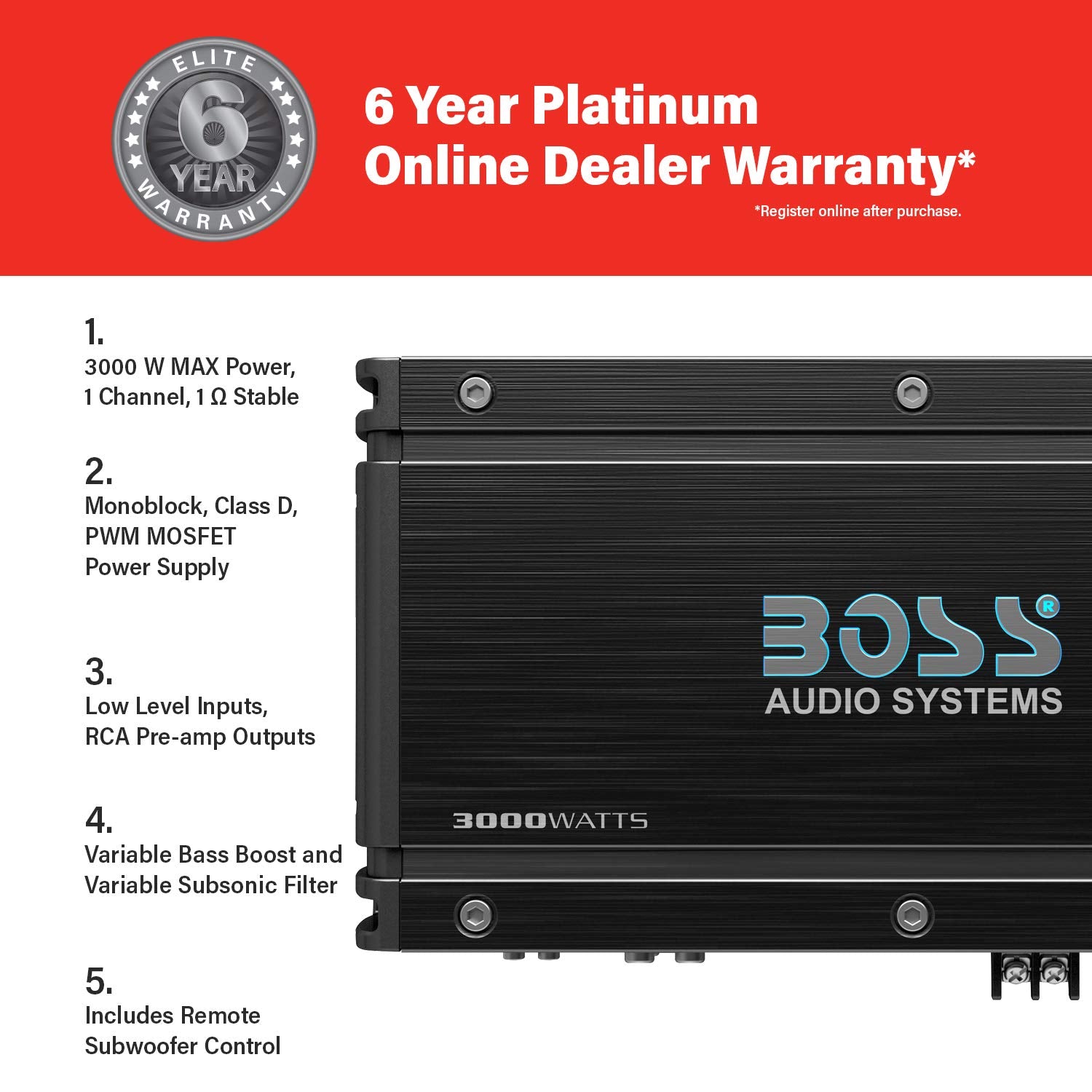 Boss Audio Ox3Kd Class D Car Amplifier   3000 Watts, 1 Ohm Stable, Digital, Monoblock, Mosfet Power Supply