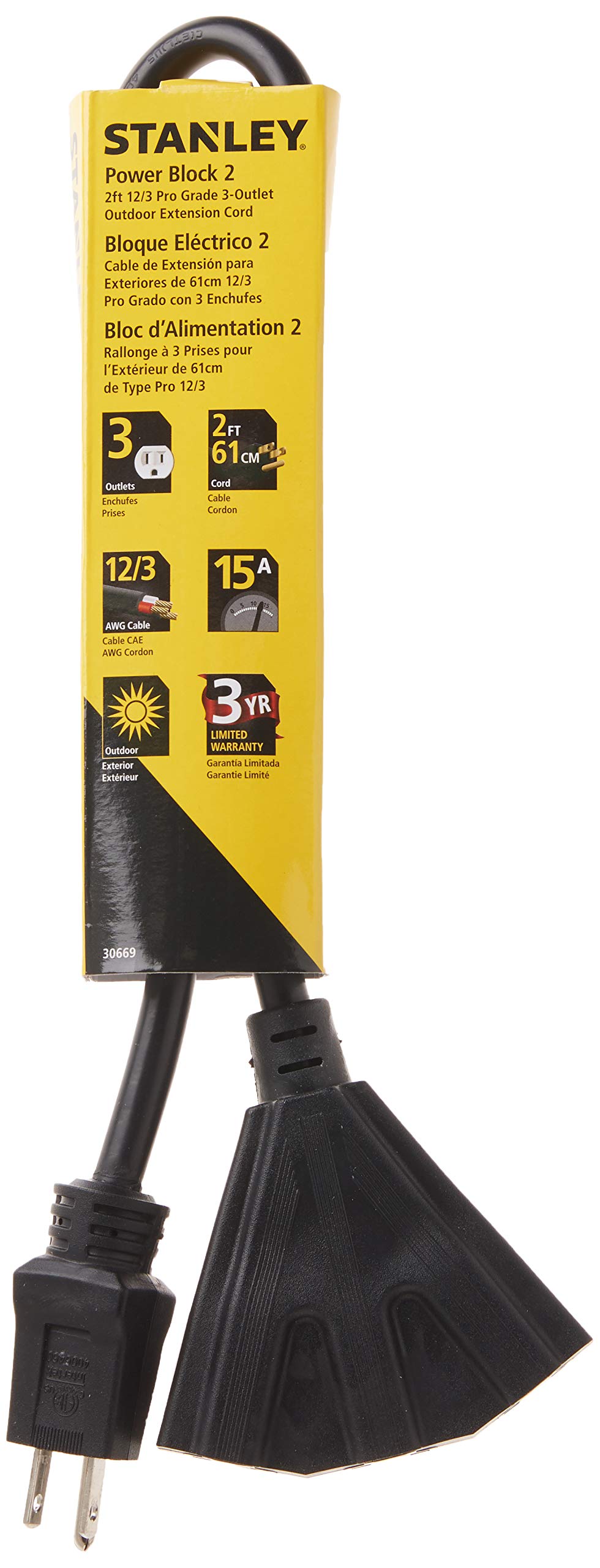 Stanley 30669 Pro Block 2 Grounded 3 Outlet Outdoor Extension Cord, 2 Feet, Black