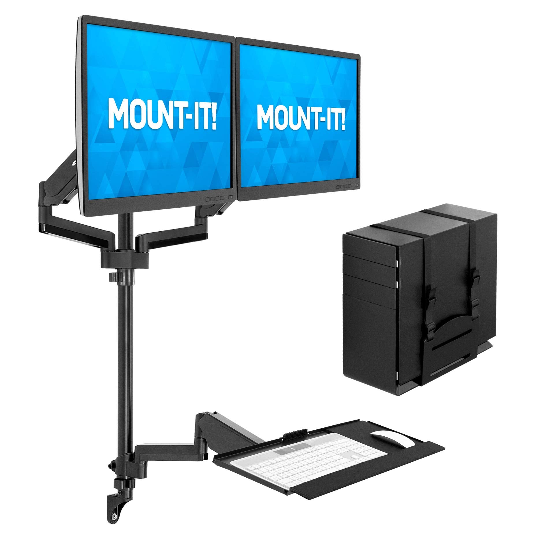 Mount It! Wall Mount Workstation with Dual Monitor Mount, Keyboard Tray and CPU Holder, Height Adjustable Full Motion Arms, Fits Two 32 Inch Computer Screens