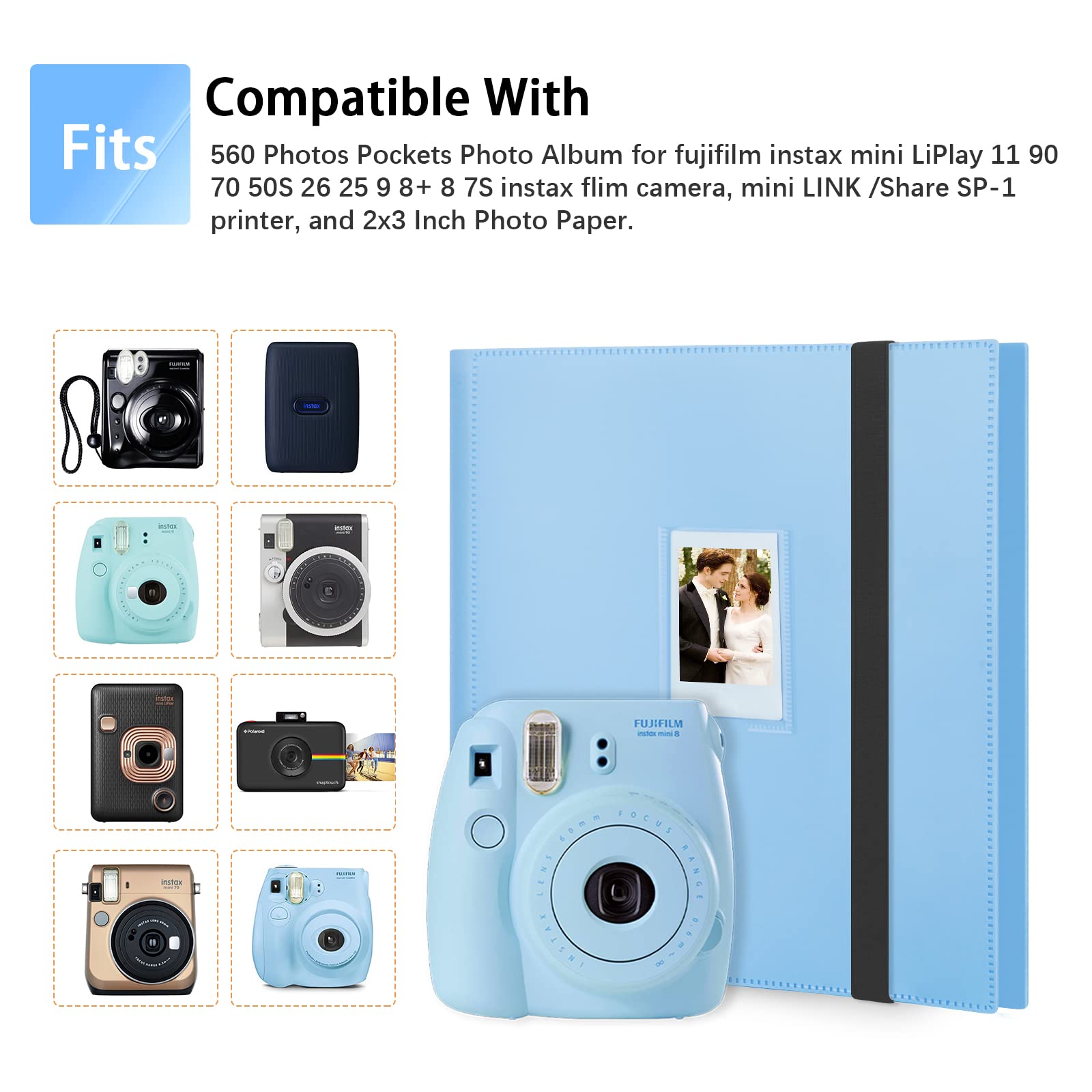 560 Pockets Photo Album For Fujifilm Instax Mini Camera,2X3 Photo Album Book For Fujifilm Instax Mini 11 12 9 Evo 90 70 40 8 7 Liplay Instant Camera (Blue)