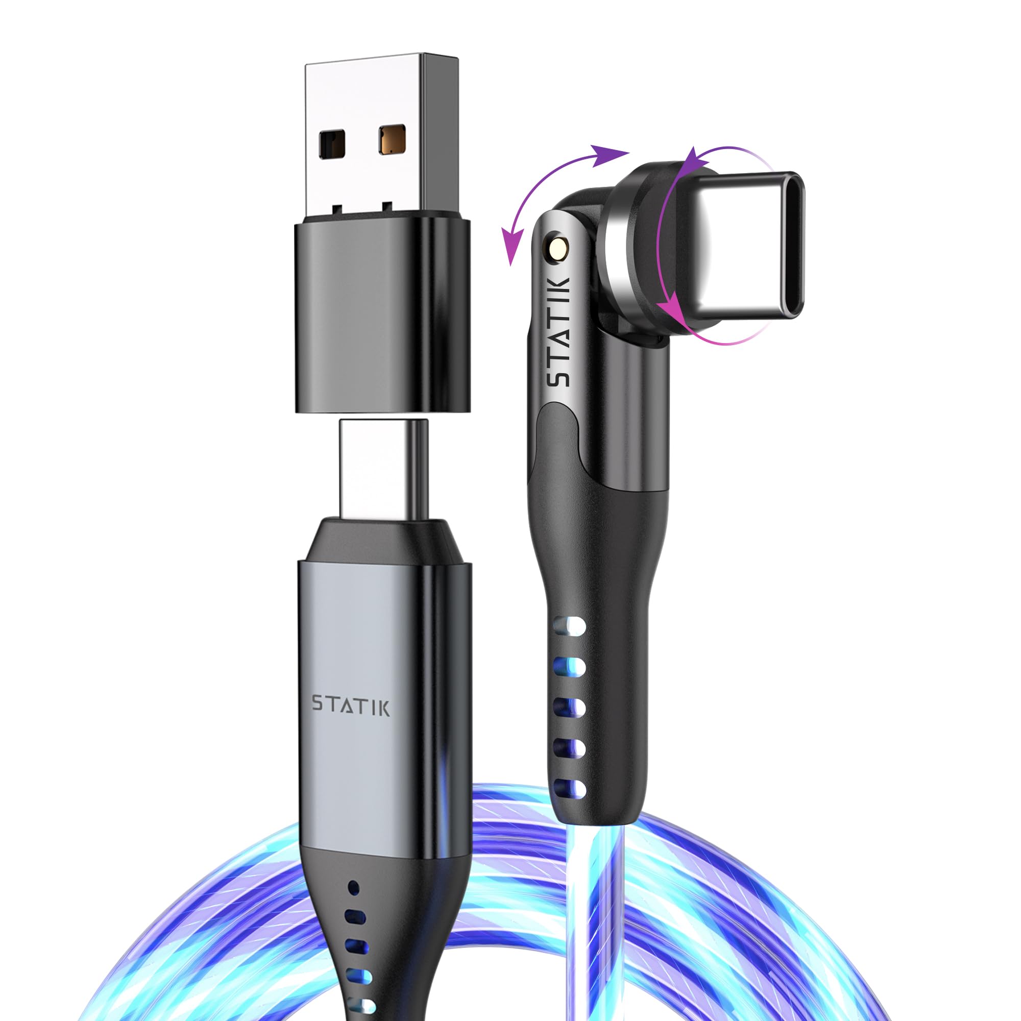 Statik Powerpivot Globright Pro Right Angle Charging Cable, Light Up Swivel Head Charging Cable, 60W Usb C Fast Charging Cable,