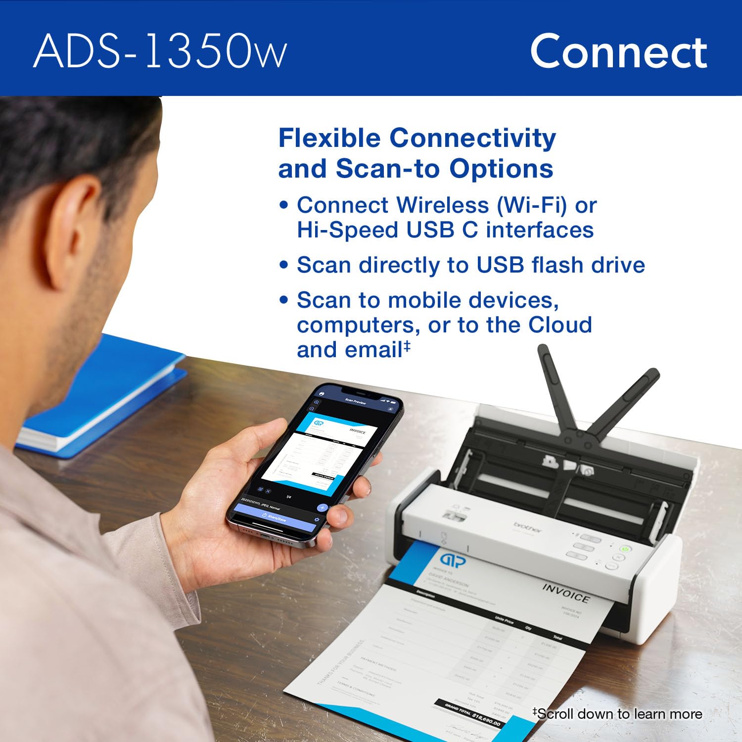 Brother Ads-1350W Wireless Compact Desktop Scanner | Scan Speeds Of Up To 30Ppm | Single Pass Double-Sided Scanning