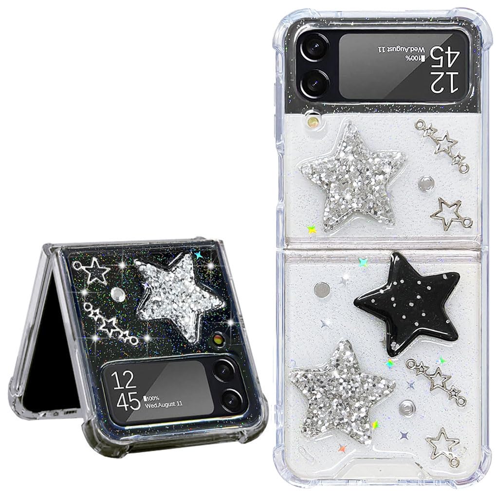 Abbery for Samsung Galaxy Z Flip 4 5G Case Clear Glitter Design Cute Space Theme Planet Stars Sparkle Shockproof Aesthetic Phone