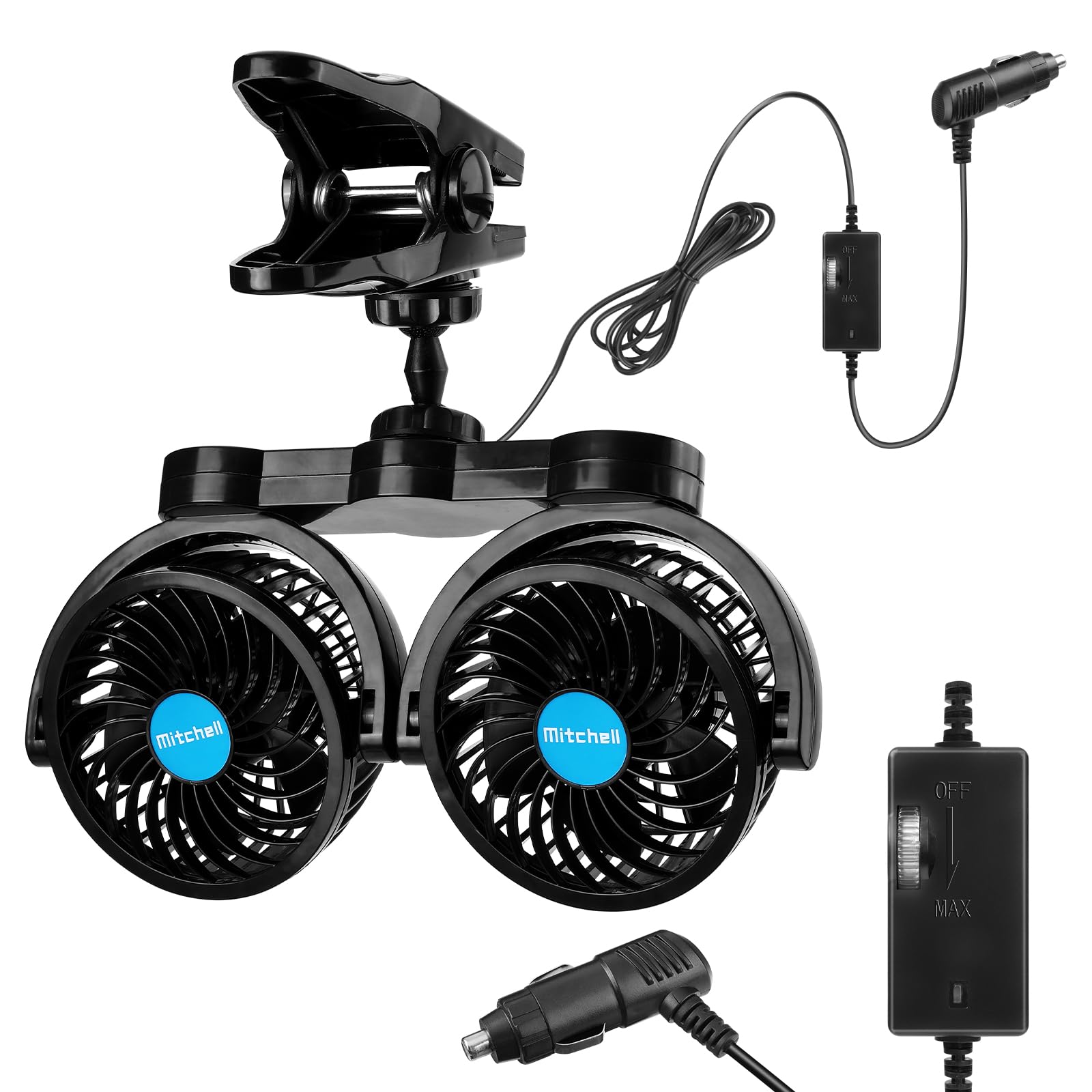 Car Fan 12V, Dual Head 4 Inches Clip Fan For Car 360 Rotatable Car Cooling Fan For Front/Back Seat Passenger, Adjustable Car Coo