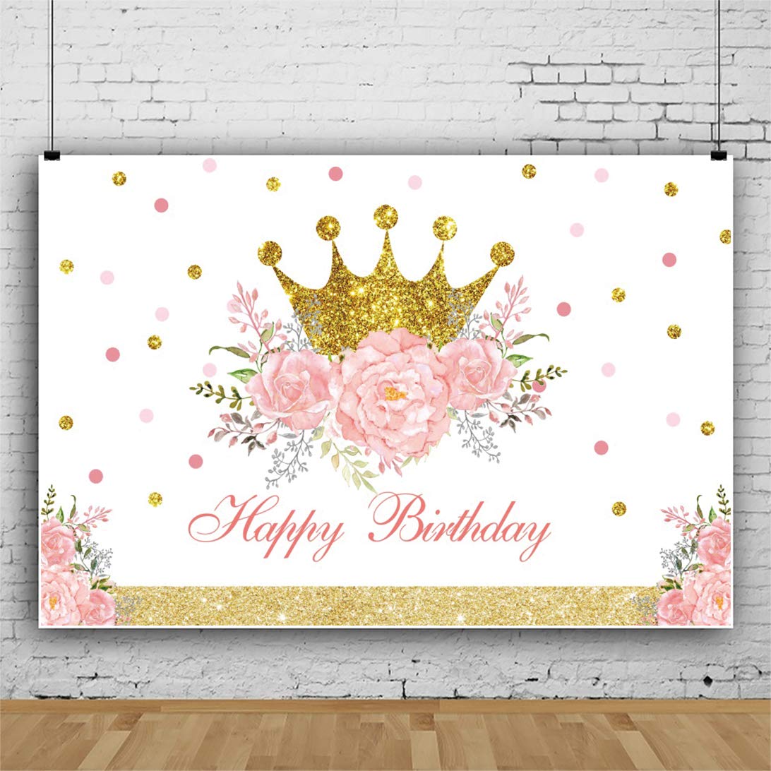 Dorcev 7X5Ft Happy Birthday Backdrop For Luxury Princess Girls Birthday Party Background Shiny Glitter Gold Princess Crown Pink