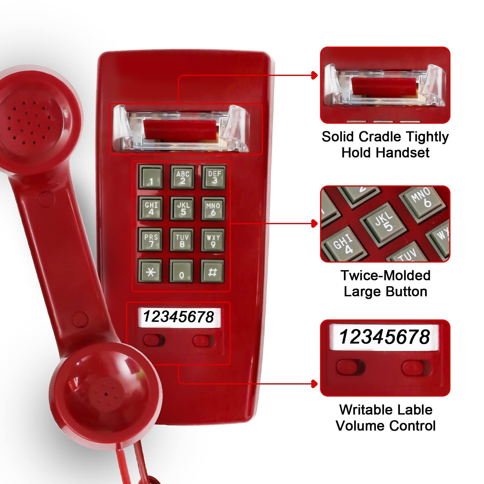 Sangyn Retro Wall Phone with Loud Mechanical Ringer, Adjustable Volume, Vintage Design, Red, Model S-Bigua-UpgradeRed