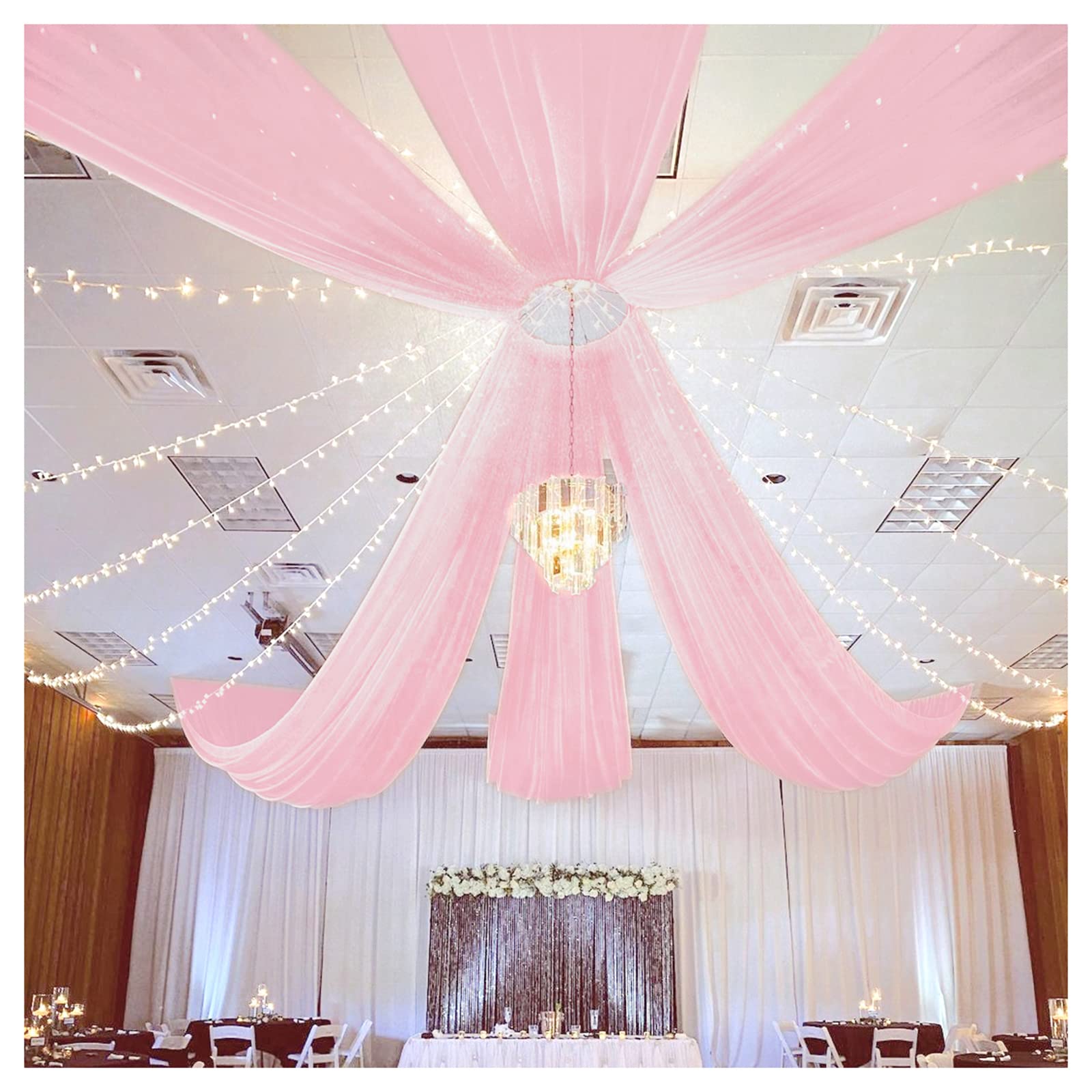 Fanqisi Wedding Canopy Ceiling Drapes 6 Panels 5ftx15ft Pink Draping Fabric Sheer Curtains Voile Ceiling Chandeliers Draping Dec