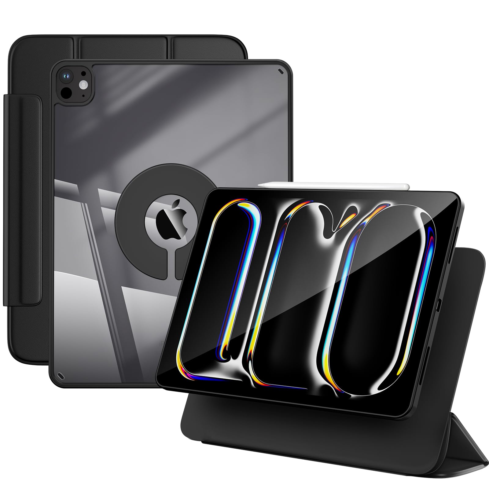 Sanduodd For Ipad Pro 13 Inch Case 2024, Removable 360 Rotating Clear Magnetic Case With Hidden Pencil Holder And Tri Fold Pu Le