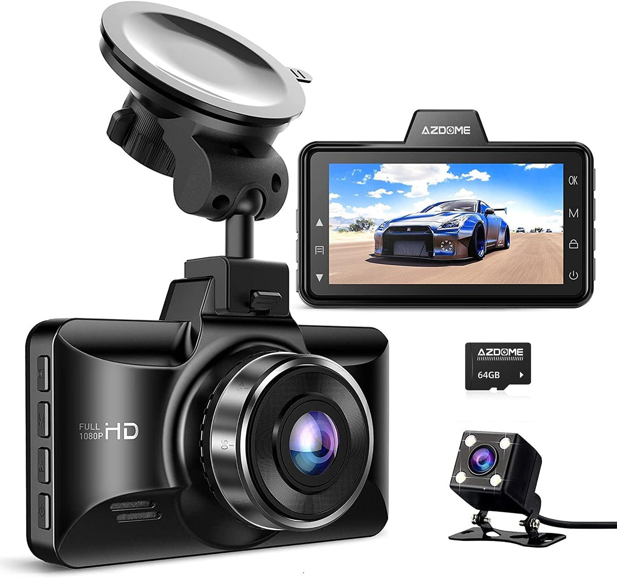 Azdome Dual Dash Cam Front And Rear, 3 Inch 2.5D Ips Screen Free 64Gb Card Car Driving Recorder, 1080P Fhd Dashboard Camera, Wat