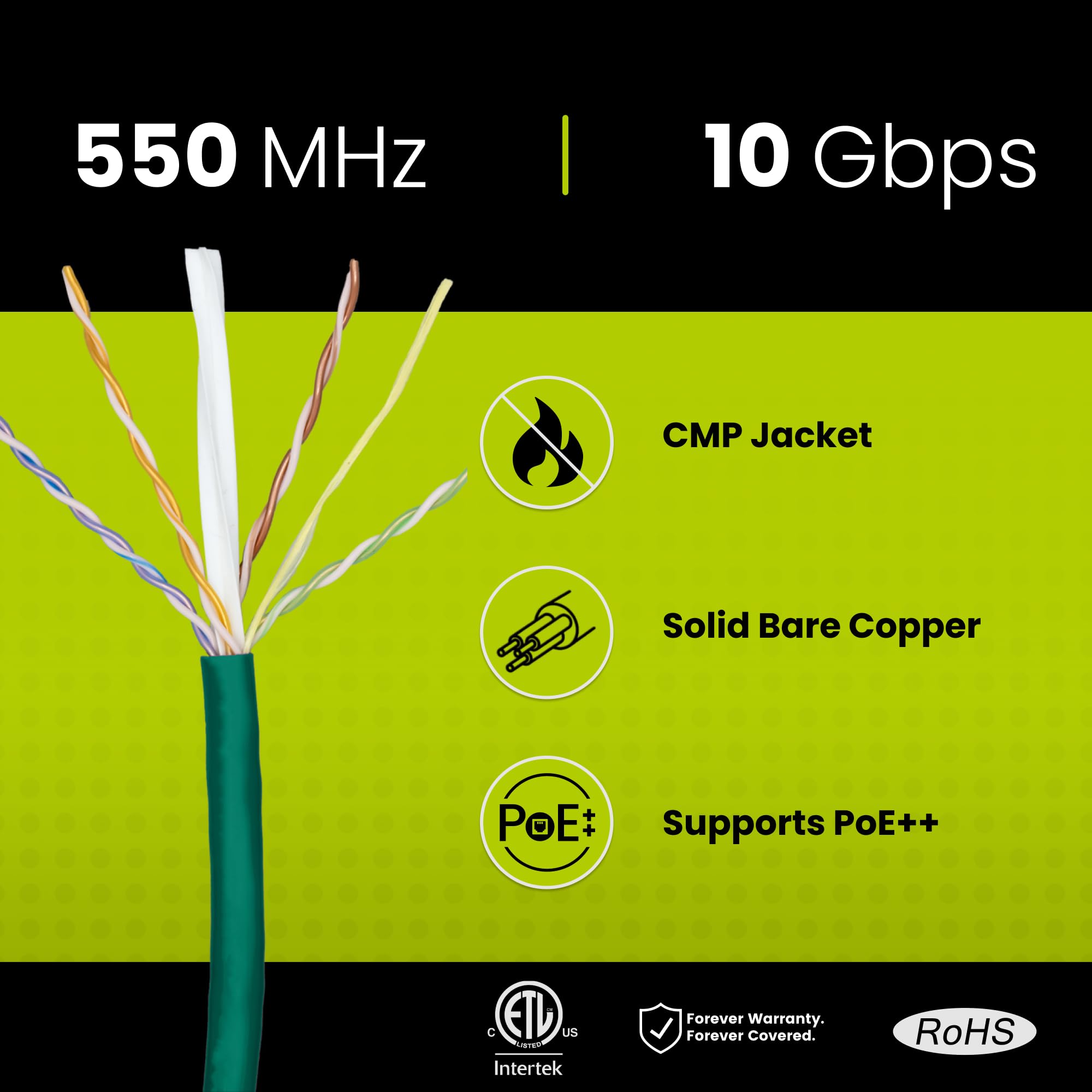 Truecable Cat6 Plenum (Cmp), 1000Ft, Green, 23Awg 4 Pair Solid Bare Copper, 550Mhz, Poe++ (4Ppoe), Etl Listed, Unshielded Twisted Pair (Utp), Bulk Ethernet Cable