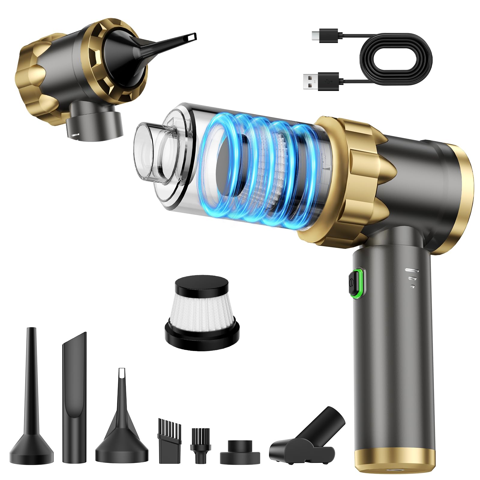 Car Vacuum Portable Cordless - Handheld Vacuum Cleaner with 16000PA Strong Suction, 7-in-1 Air Duster/Blower, Rechargeable Mini 