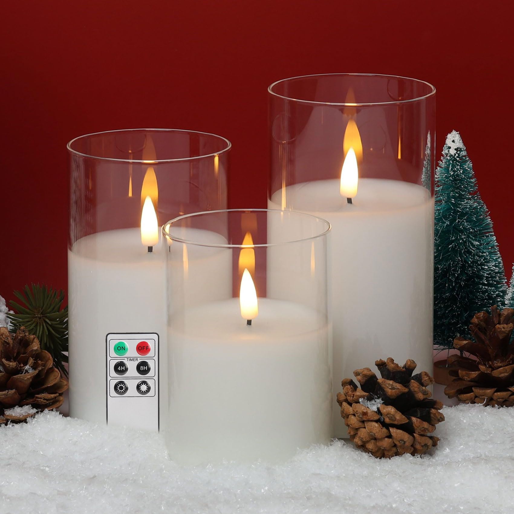 Eywamage Clear Glass Flameless Pillar Candles With Remote, Flickering Battery Led Wax Candles F 3'' H 4'' 5'' 6''