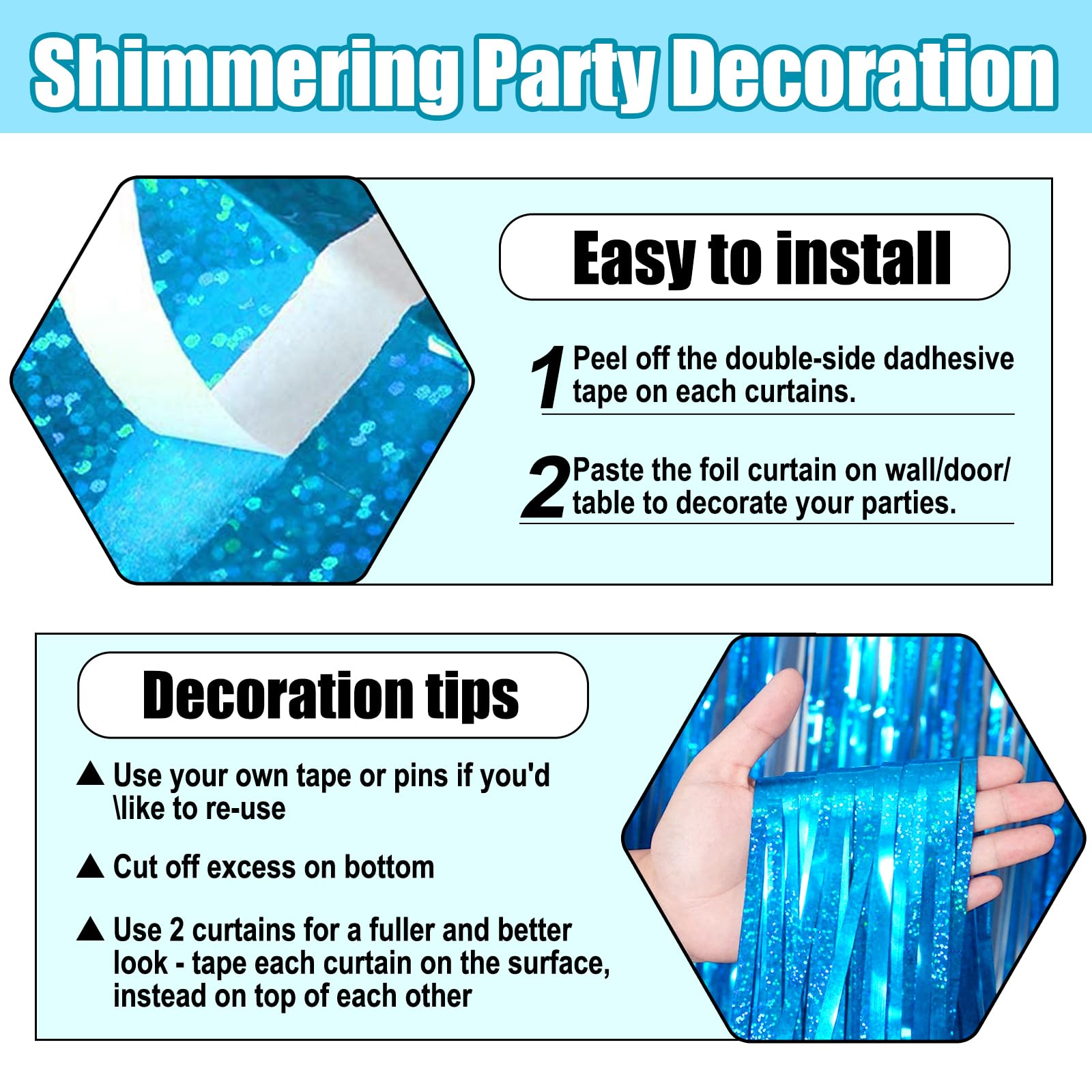 3 Pack Lake Blue Foil Fringe Curtain Backdrop, 3.28Ft X 8.2Ft Metallic Tinsel Foil Fringe Streamer Curtains For Photo Booth, Val