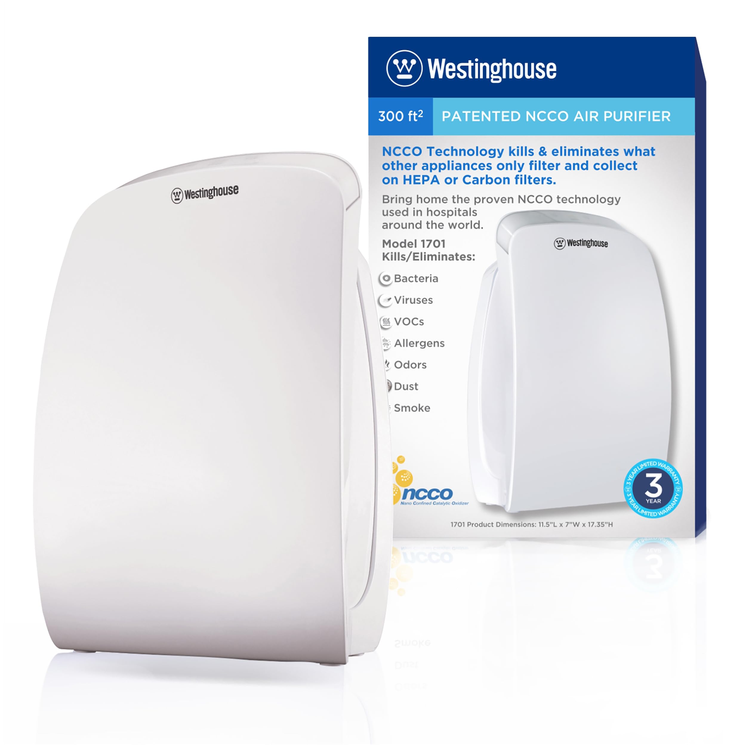 Westinghouse 1701 True HEPA Air Purifier - Medical-Grade NCCO Technology Air Purifiers for Home, Removes Allergens, Pet Dander, 