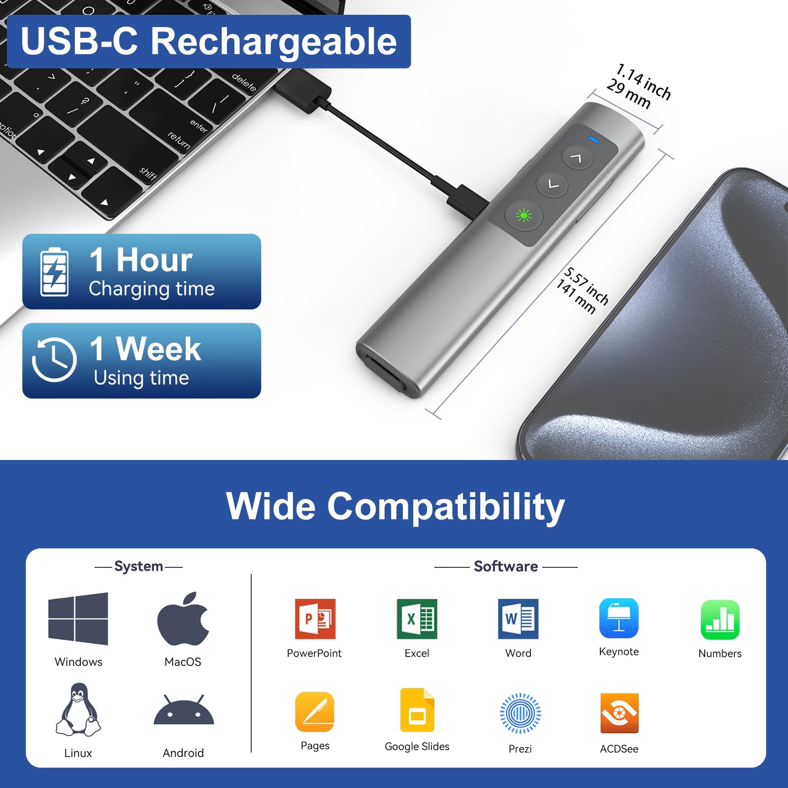 Rechargeable Presentation Clicker, 2 In 1 Usb-A Usb-C Metal Wireless Remote Powerpoint Slide Clicker With Volume Control For Ppt
