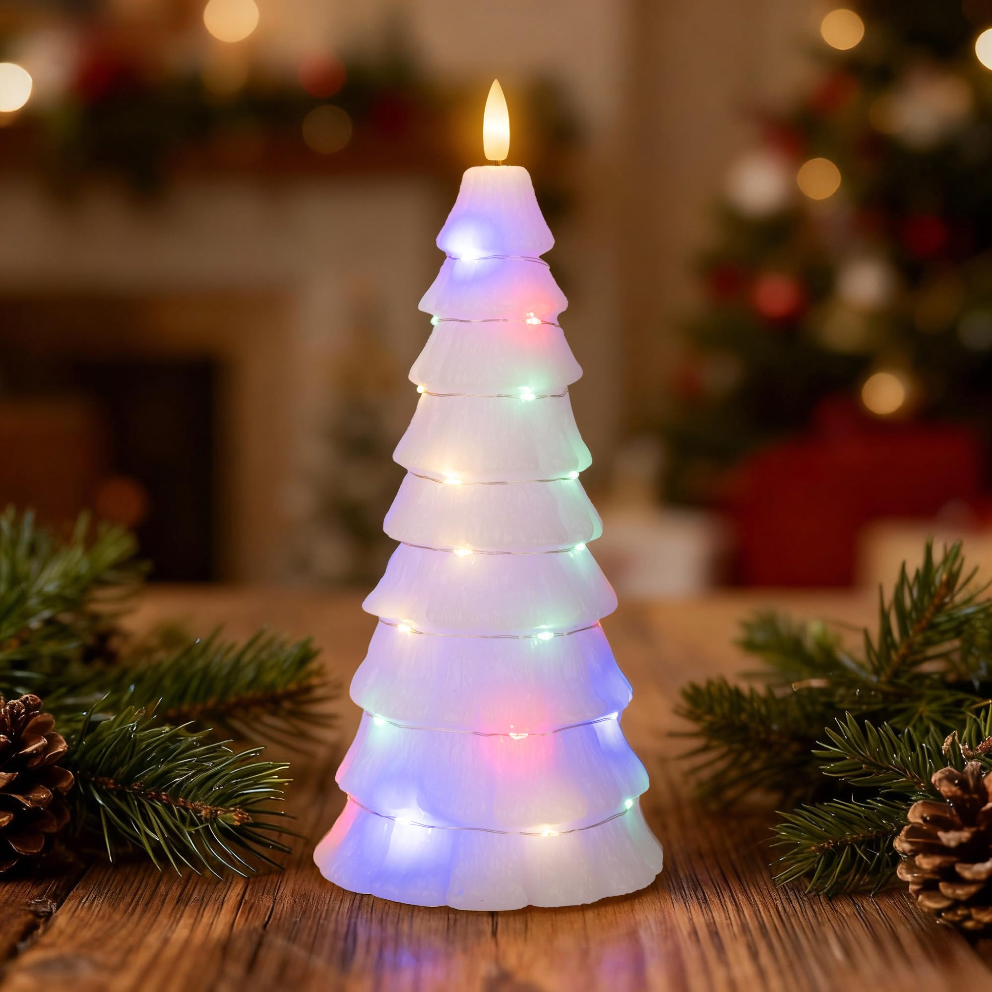 AFINETH Christmas Tree Candles with Remote, Christmas Flameless Candles with Embedded Star String Fairy Lights, Real Wax Battery