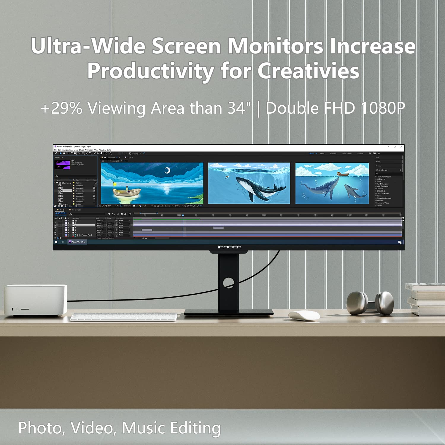 Innocn 44C1G Ultrawide Monitor 43.8'' Wfhd 3840 X 1080P 120Hz Monitor 32:9 Ips Computer Split Screen Monitor 96% Dci P3 Hdr400 F