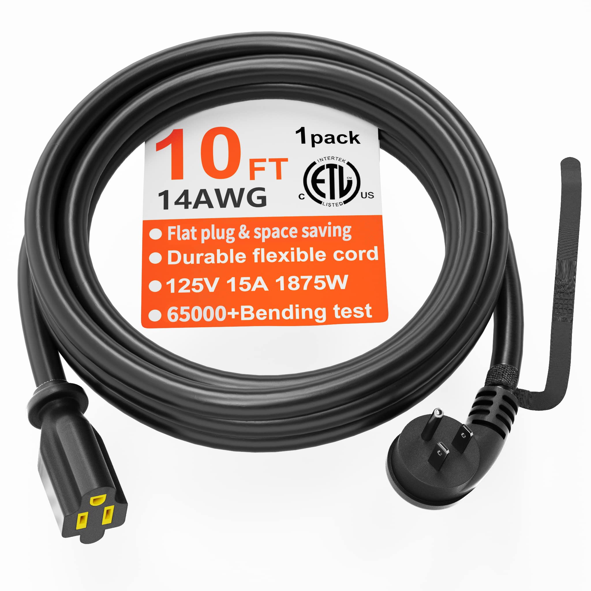 Huanchain 14 Gauge 10 Ft Flat Plug Extension Cord Black Indoor Outdoor, Heavy Duty 3 Prong Grounded Low Profile Extension Wire F