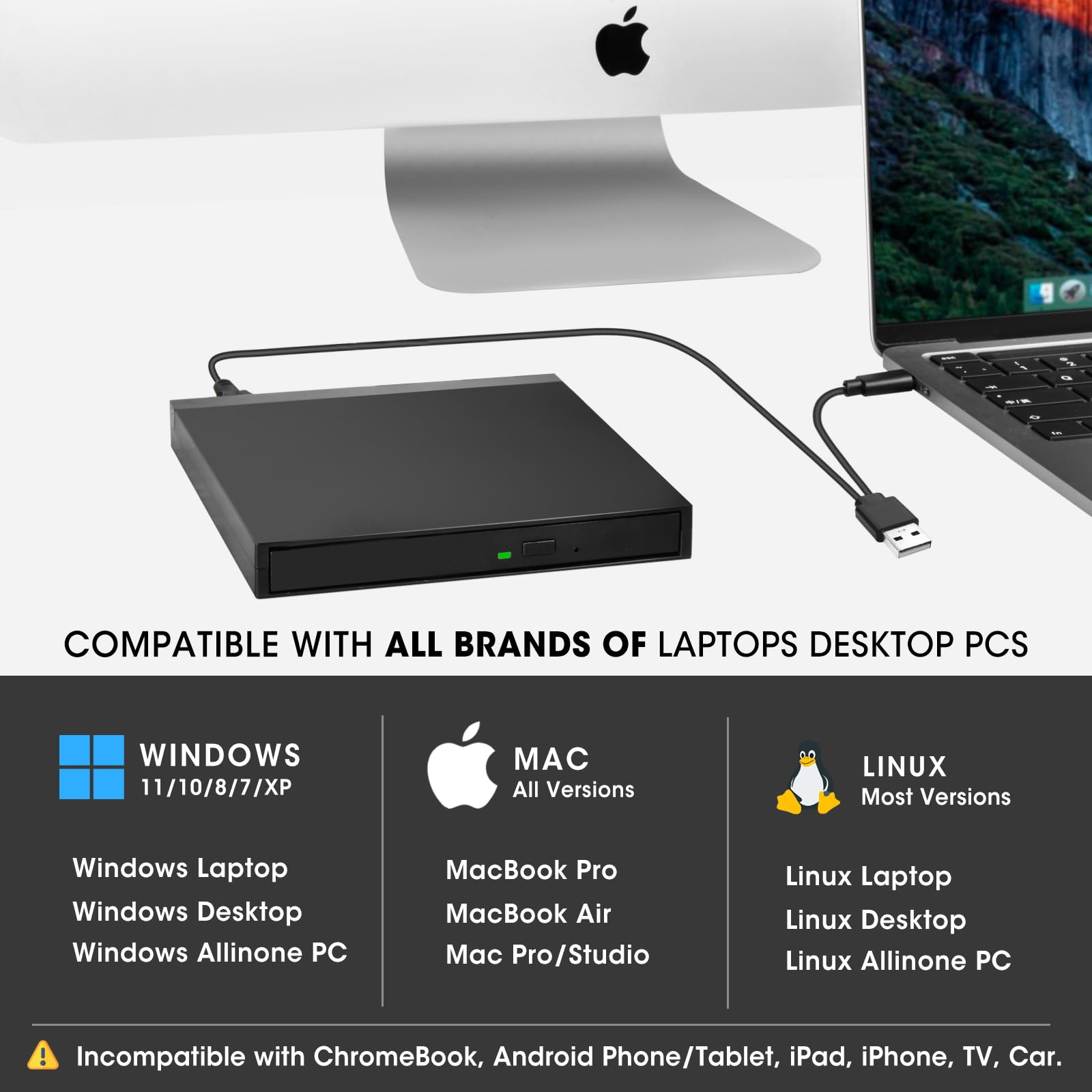 Roofull External Cd Dvd Drive Usb 3.0 & Usb C With Sd Card Reader & Usb Ports Hub & Carrying Case, Portable Cd/Dvd +/ Rw Disc Pl