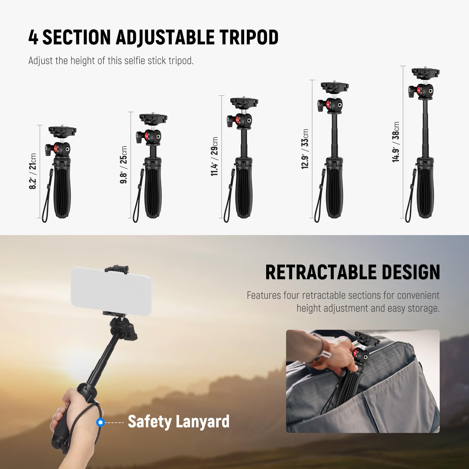 Neewer Tp38 Phone Camera Tripod, 15 Extendable Selfie Stick Metal Stand With Phone Holder, Action Camera Adapter Compatible With