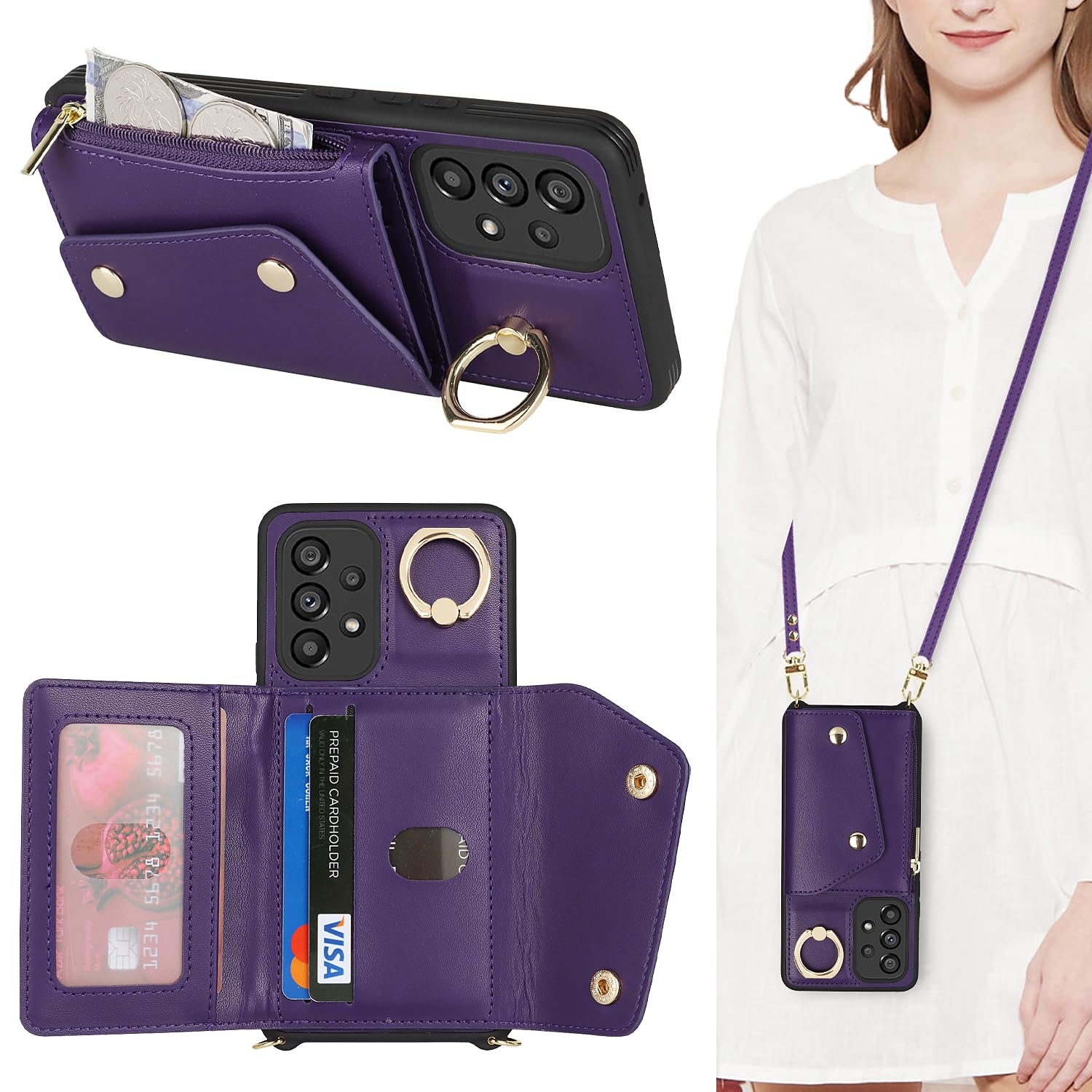 Lipvina for Samsung Galaxy A54 Case with Card Holder and Strap - Zipper Pocket,Crossbody Lanyard Strap,Credit Card Holder,Stand 