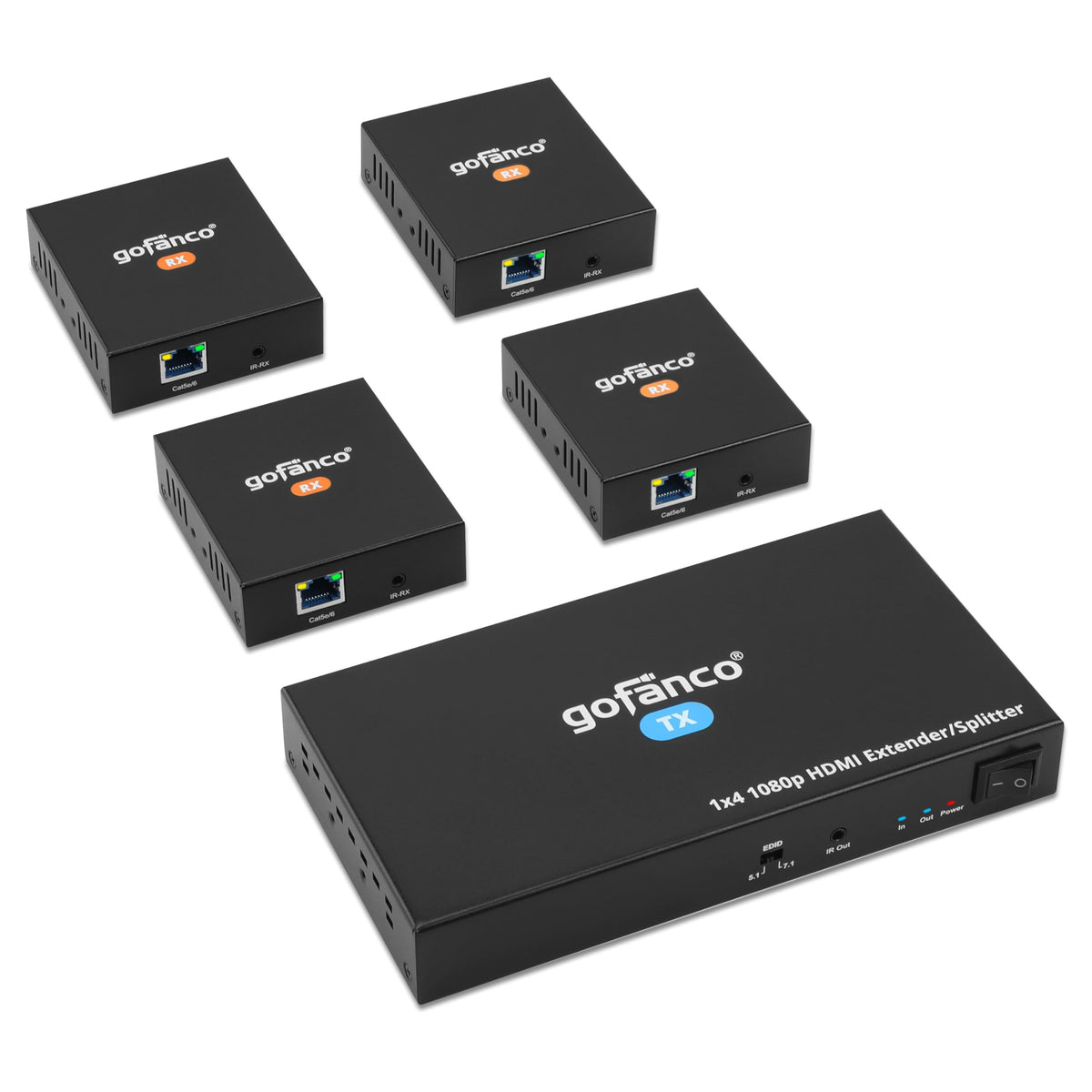 Gofanco 1080P 1X4 Hdmi Extender Splitter Over Cat5E/6/7 Ethernet Cable   Up To 165Ft (50M), Hdmi Local Loopout, Poc, Edid, Ir Ex