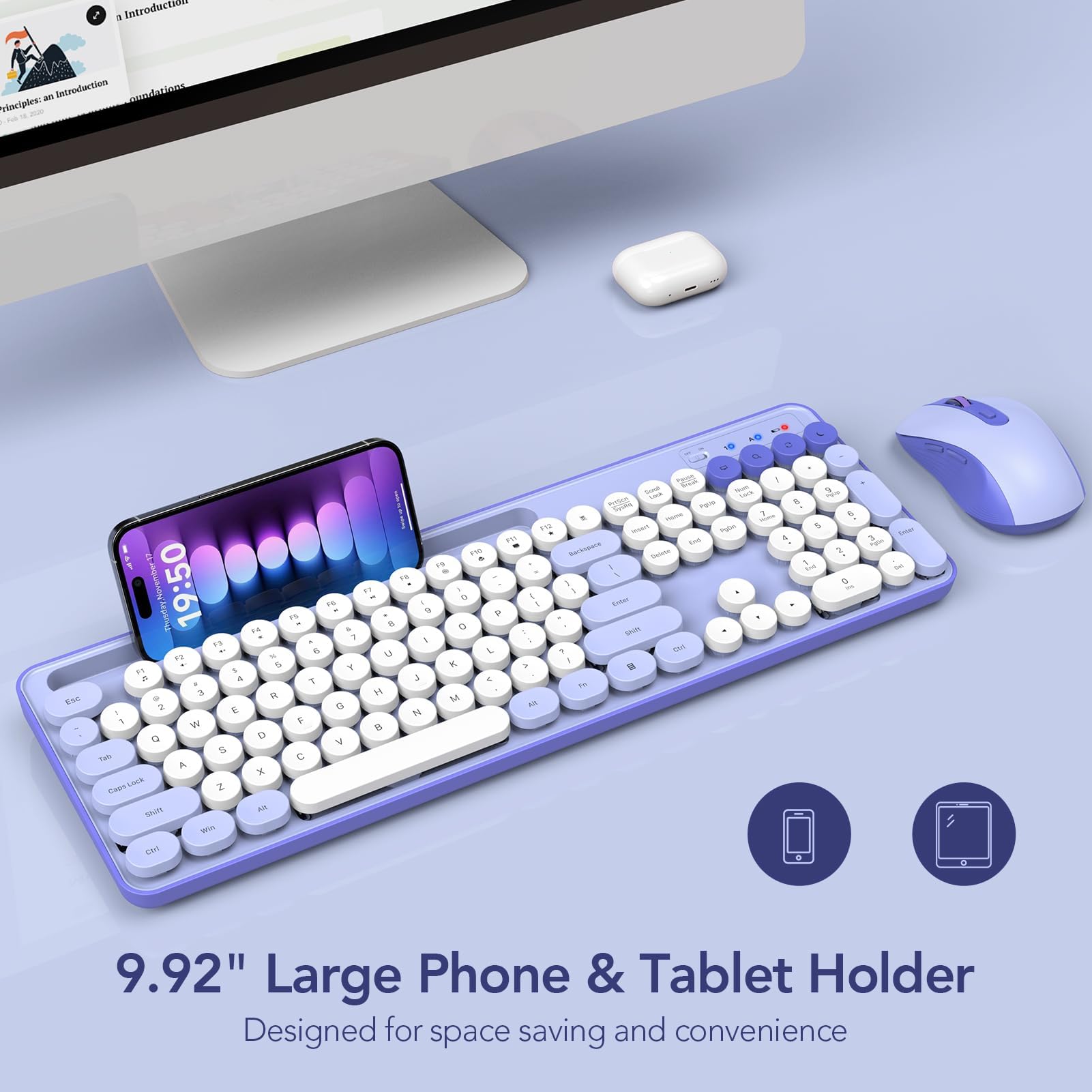 Wireless Keyboard And Mouse Combo, Retro Round Keycap Typewriter Keyboard With Phone/Tablet Holder, Cute Colorful Keyboard For C