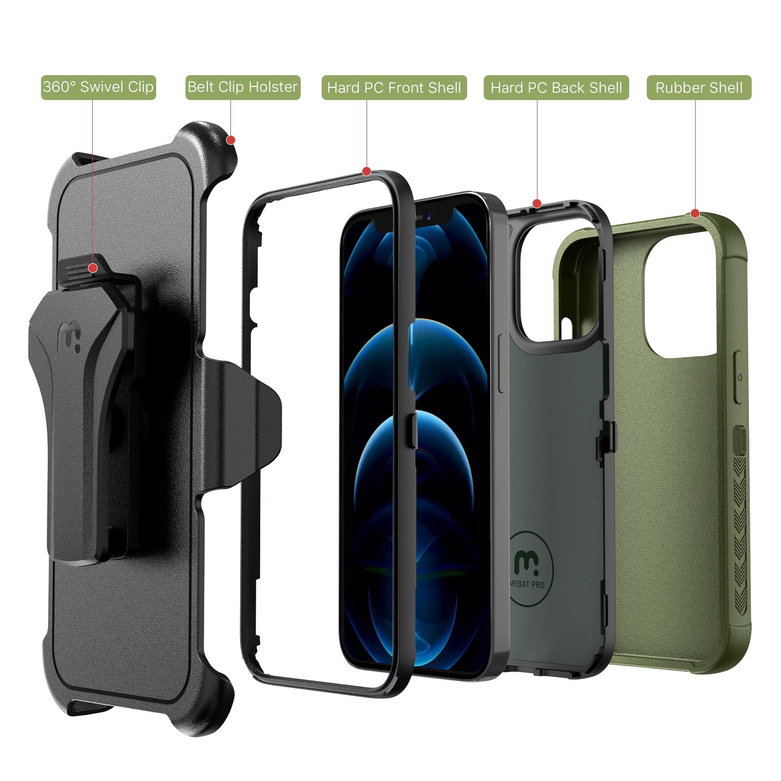 M Mybat Pro Shockproof Maverick Series Case For Iphone 12/12 Pro 6.1  With Belt Clip Holster And Tempered Glass, Heavy Duty Mili