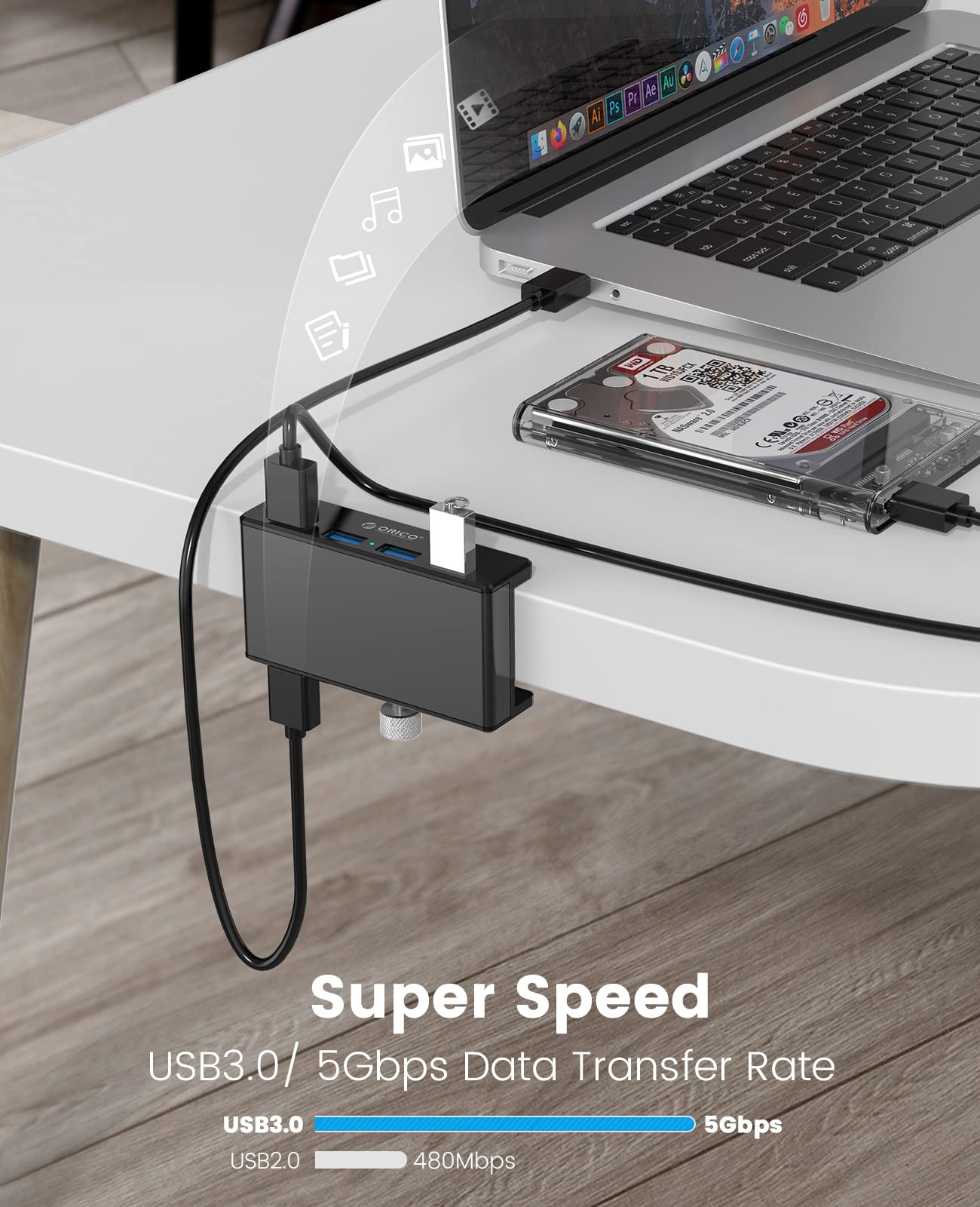 ORICO USB 3.0 Hub, USB Hub Clamp, Aluminum 4 Port USB Splitter with 4.92 FT USB Data Cable, Desktop Powered USB Hub for Monitors/Desks Black (Without Power Adapter)