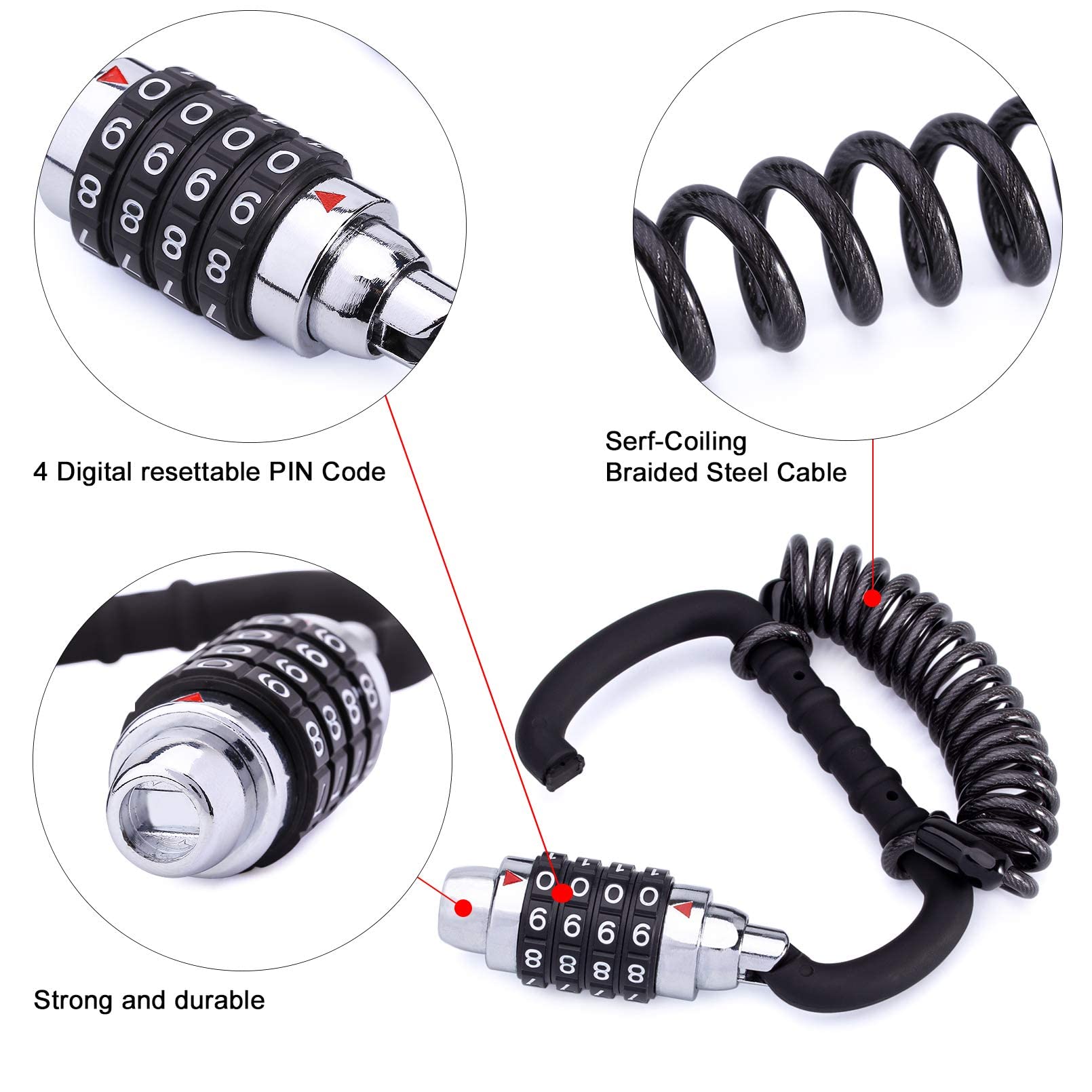 Meetlocks Motorcycle Helmet Cable Lock With T Bar 4 Digit Resettable Bike Lock Combination Bicycle Lock Cable Caribeaner Lock Bi