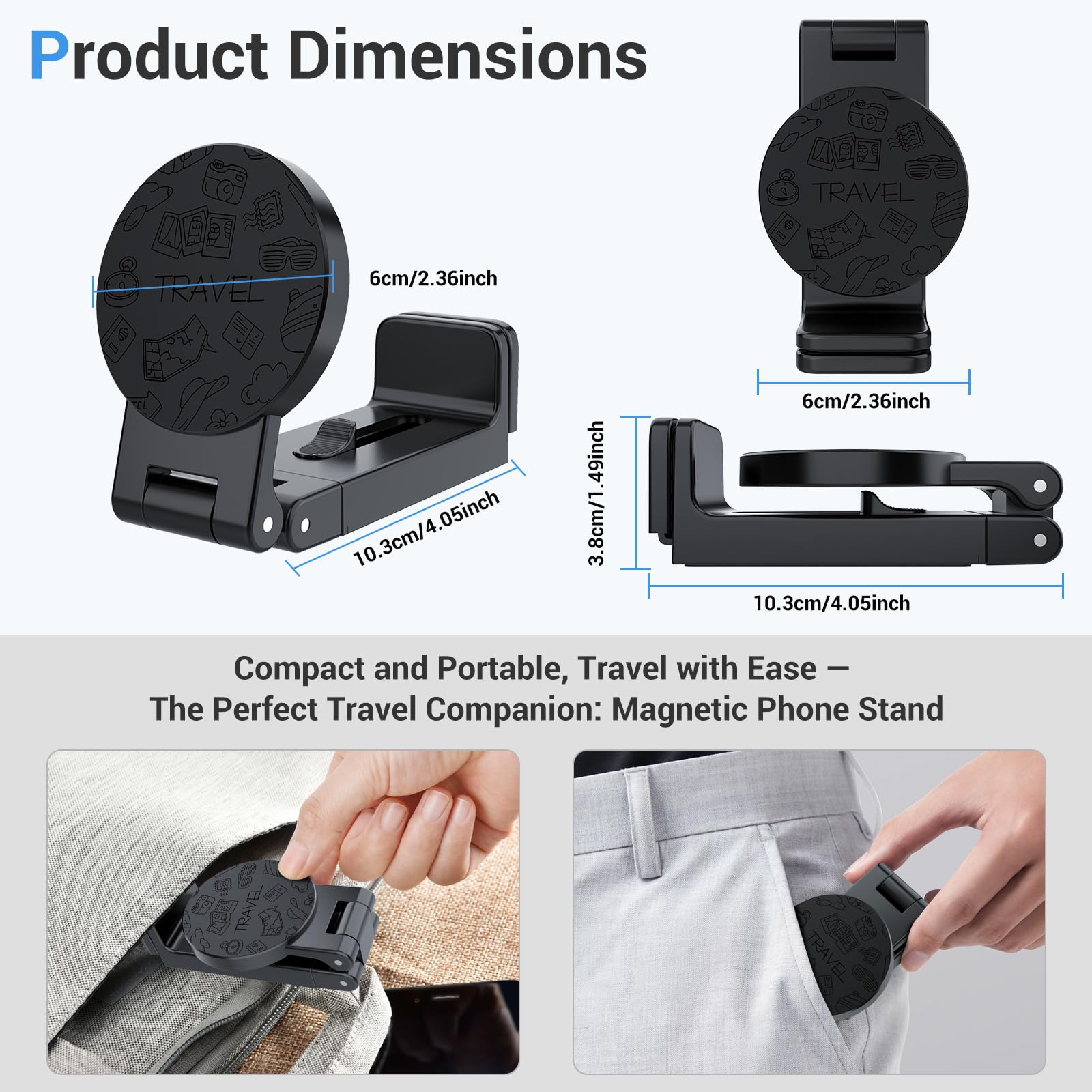 Magnetic Airplane Phone Holder, Universal Travel Phone Mount With Magnetic Ring, 360 Rotatable & Adjustable, Foldable Compact St