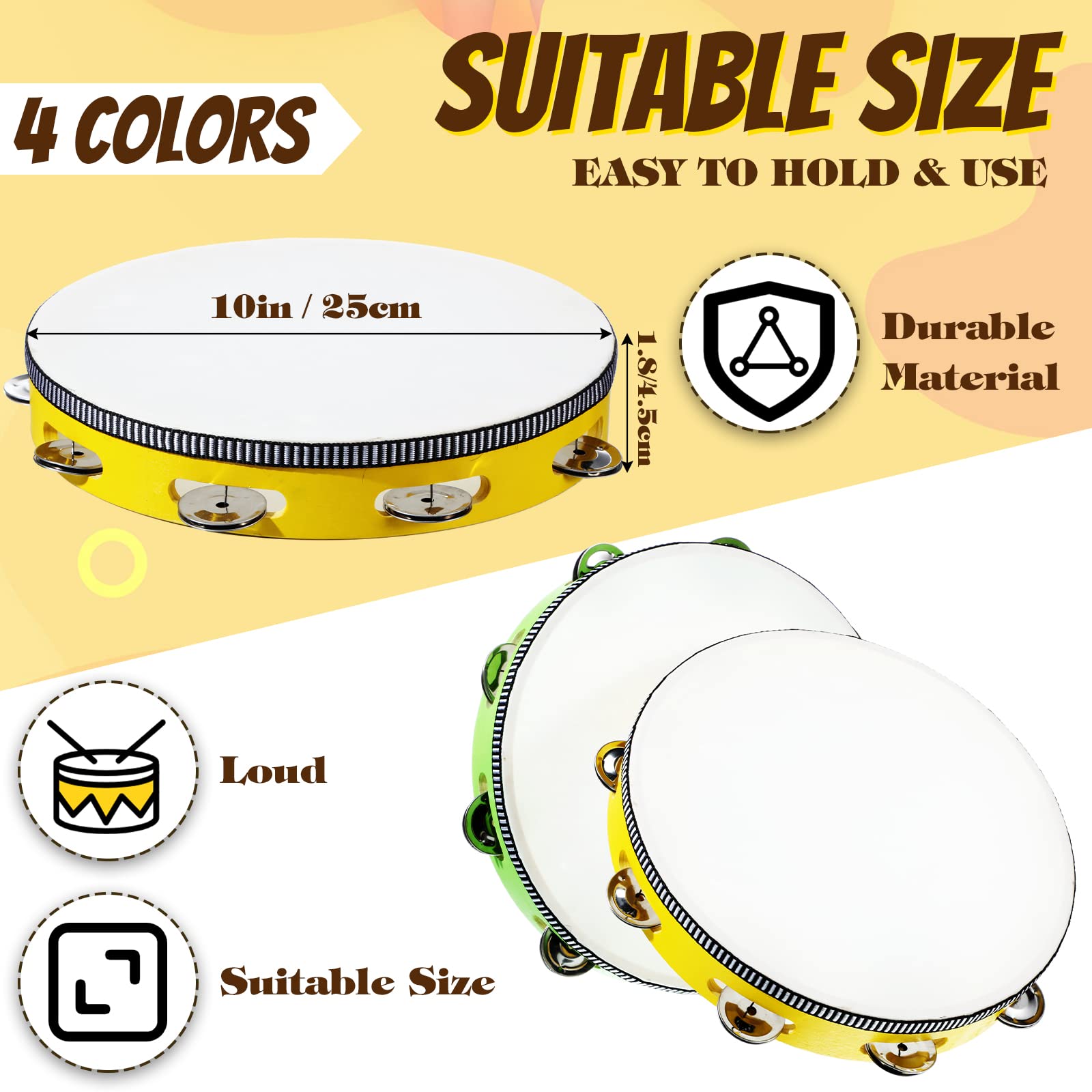 4 Pcs Tambourines For Adults 10 Inch Hand Held Drum Bell Birch Metal Jingles Single Row Wooden Tambourine Rhythm Educational Mus