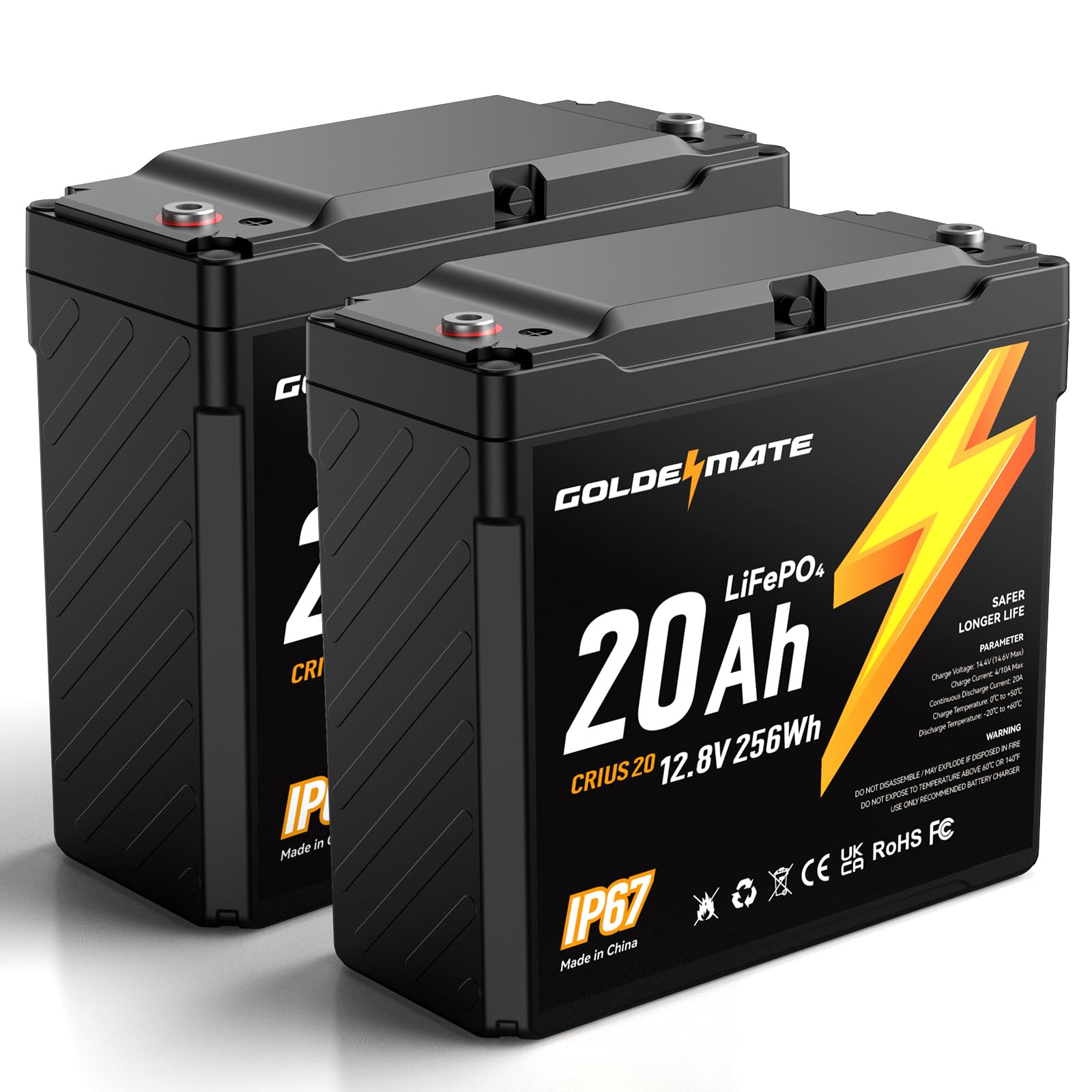 GOLDENMATE 12V 20Ah LiFePO4 Battery(2 Packs), IP67 Waterproof, 12V Lithium Battery with 5000+ Deep Cycles, Built-in BMS & Premiu