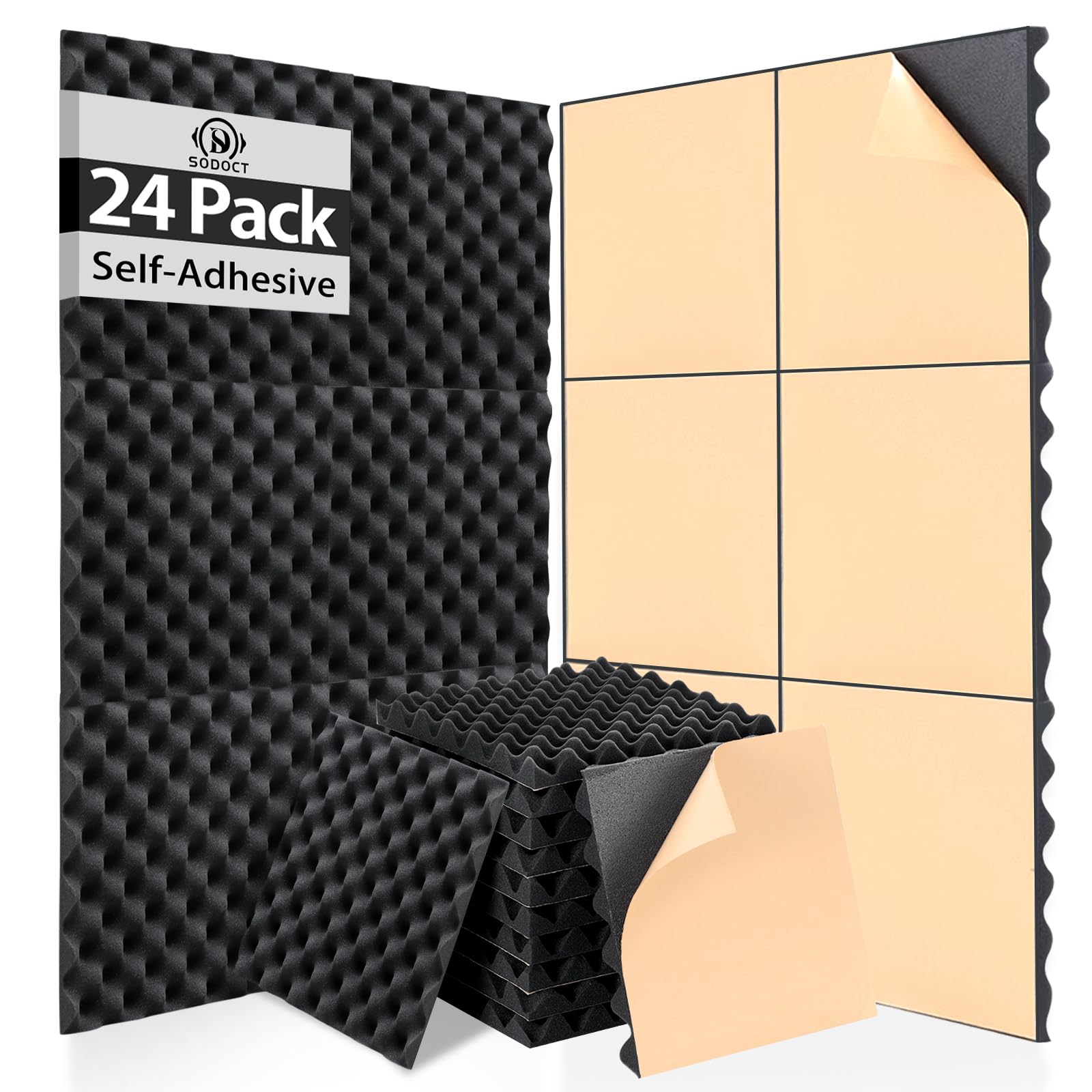 SD SODOCT 24 Pack Self-Adhesive 12 X 12 X 1.2 Egg Crate Soundproof Wall Panels for Studio, Room Acoustic Treatment Foam, Sound A