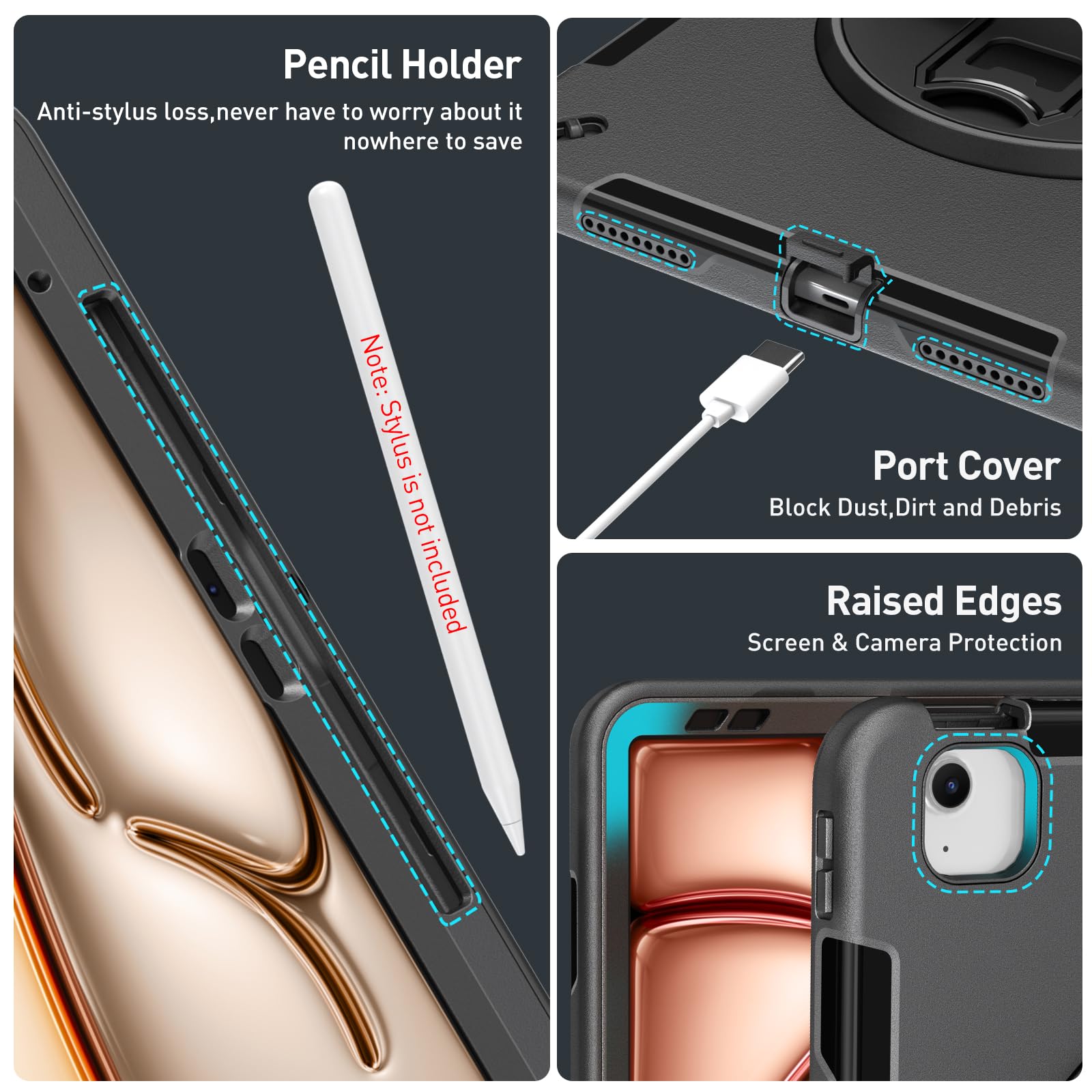 Supfives Case For Ipad Air 13 Inch 2024,With Screen Protector+Hand Strap+Shoulder Strap+Rotating Kickstand+Pencil Holder,Black