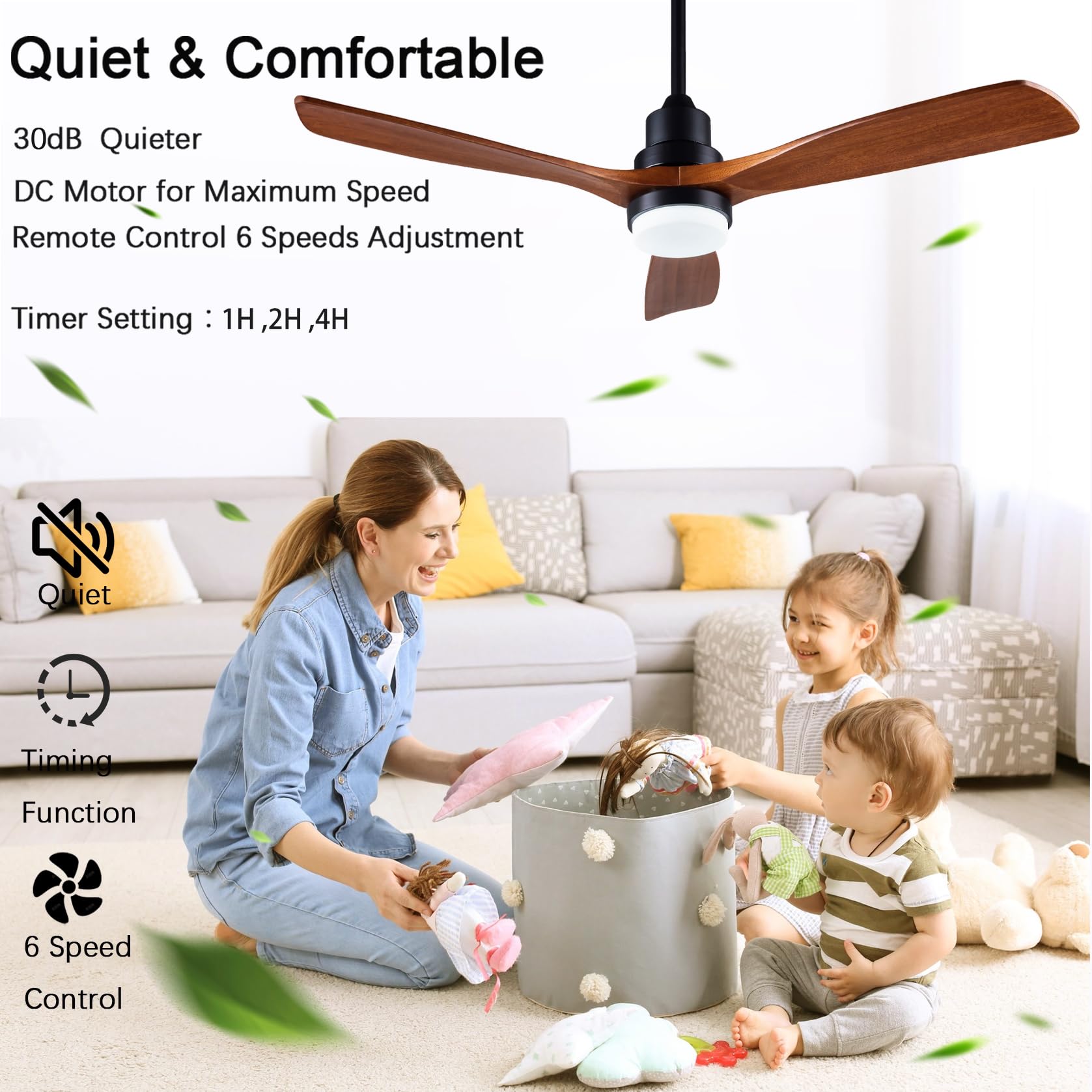 Dearnow 52    Solid Wood Ceiling Fans With Light 6 Speeds Remote/App Control, Solid Wood Ceiling Fan With Memory Led Dimmable Co