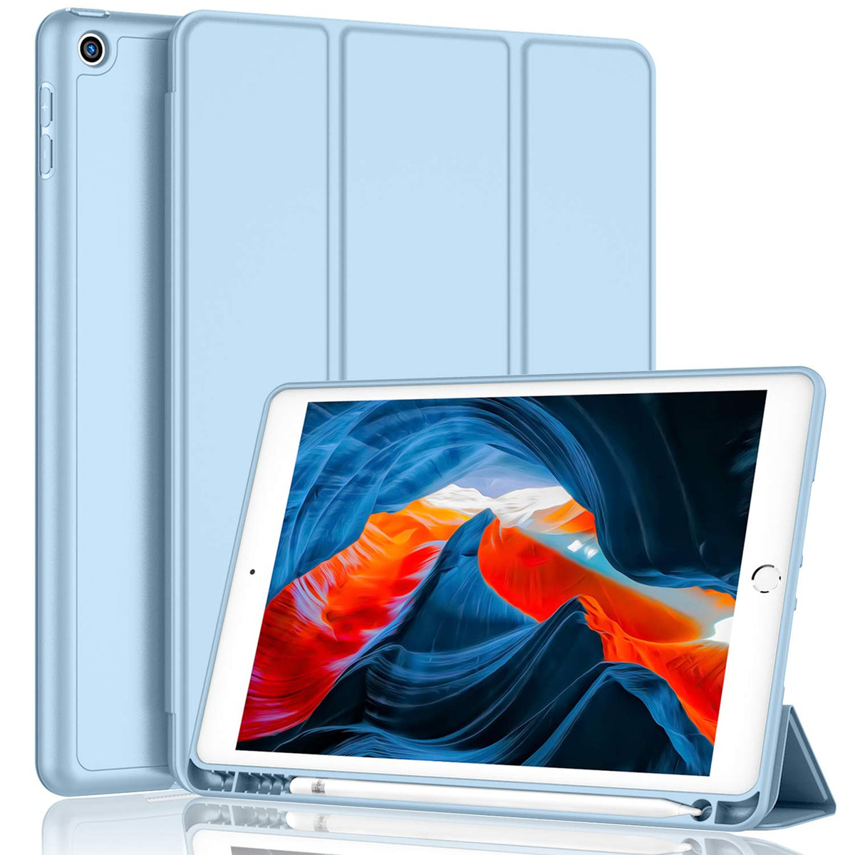 Imieet Ipad 9Th Generation Case 2021/Ipad 8Th Generation Case 2020 10.2 Inch With Pencil Holder, Ipad 7Th Gen 2019 Case With Soft Baby Skin Silicone Back, Auto Wake/Sleep Cover (Sky Blue)